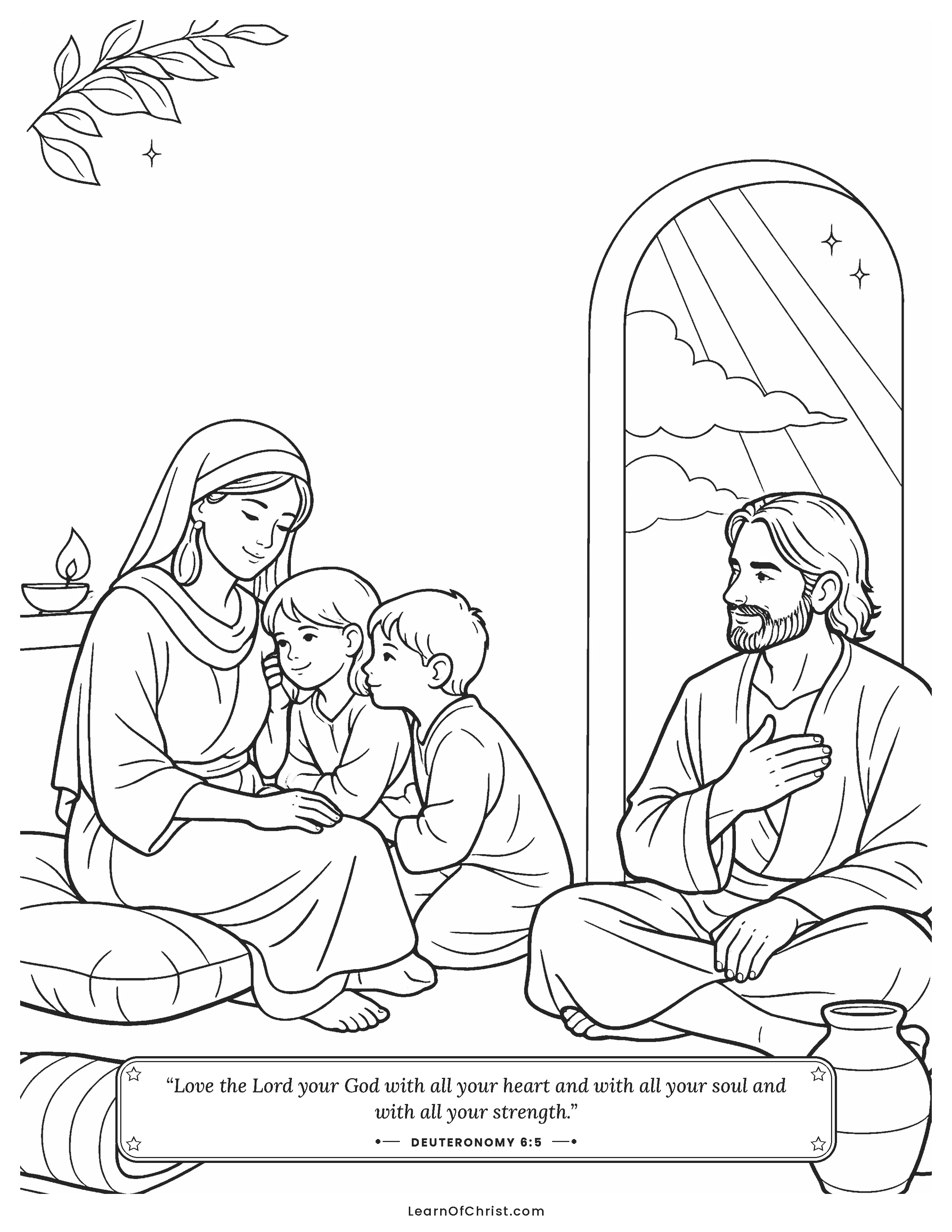 Deuteronomy 6 coloring page - A family talks about God at bedtime