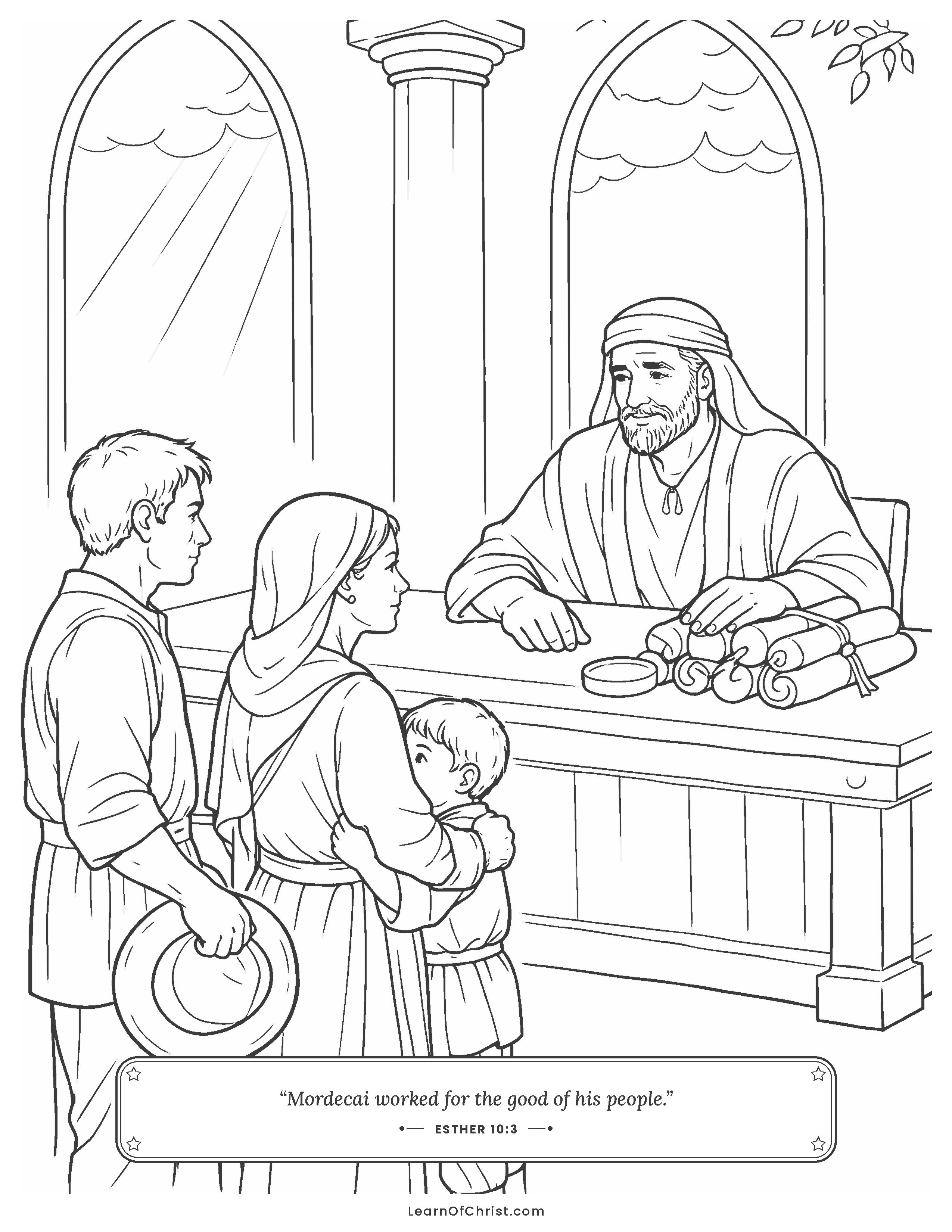 Esther 10 coloring page - Mordecai helps the people who come to him