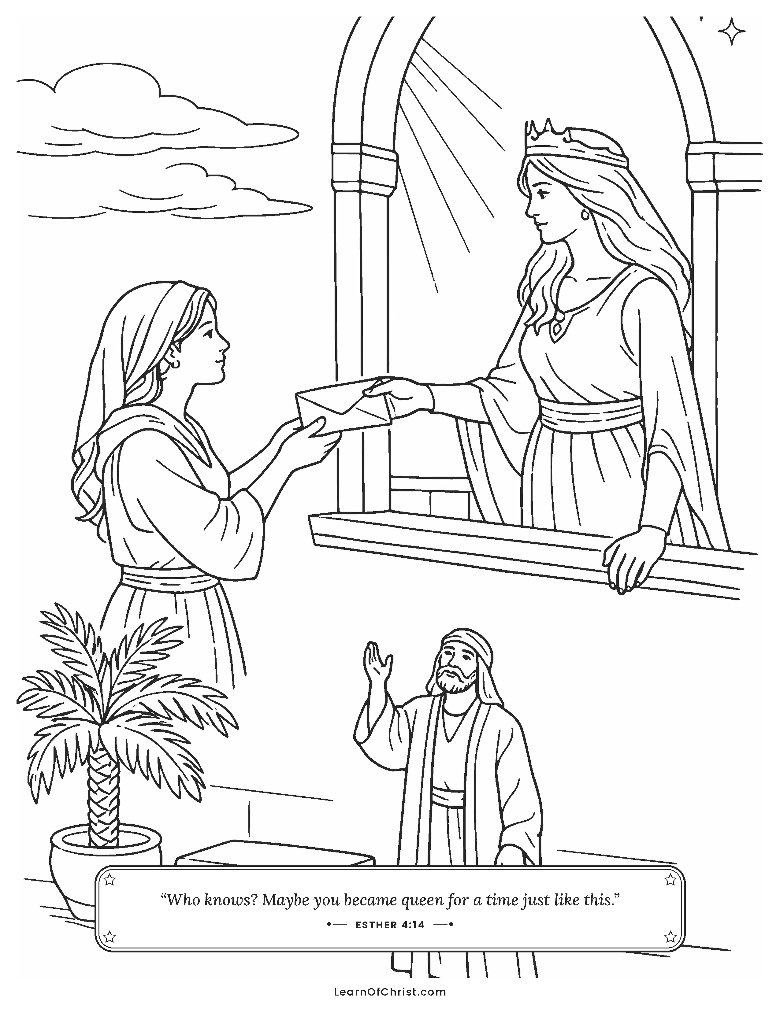Esther 4 coloring page - A message reaches Esther in the palace