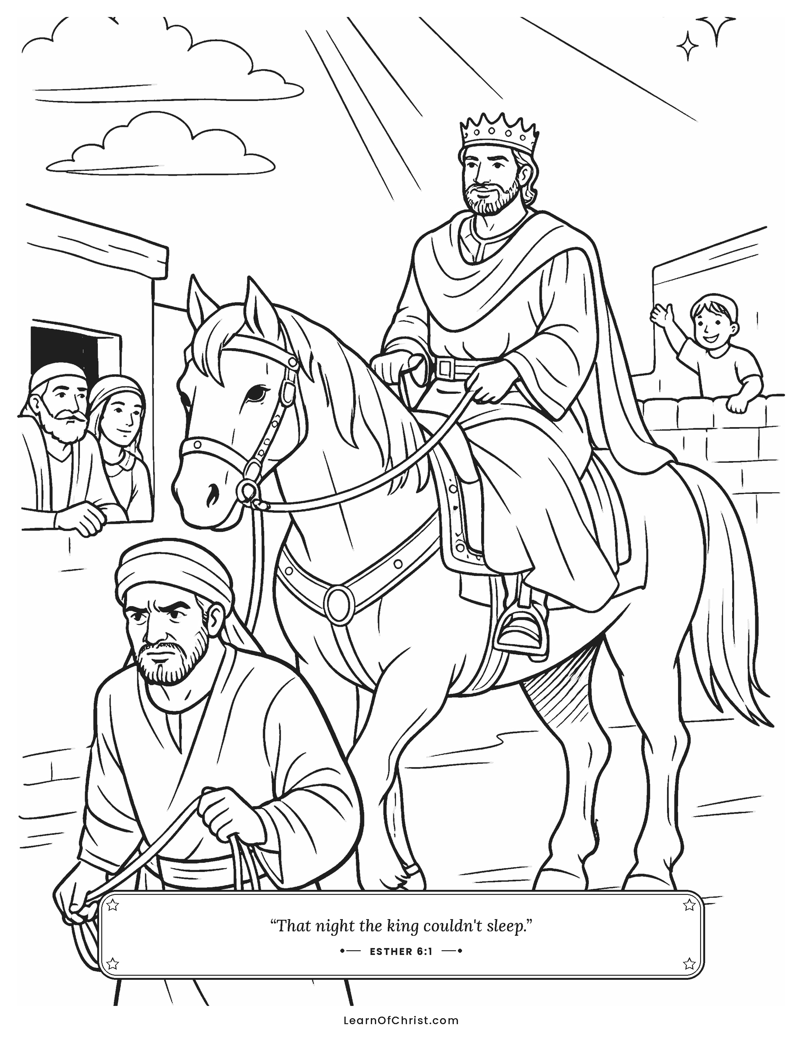 Esther 6 coloring page - Mordecai is honored with a royal parade