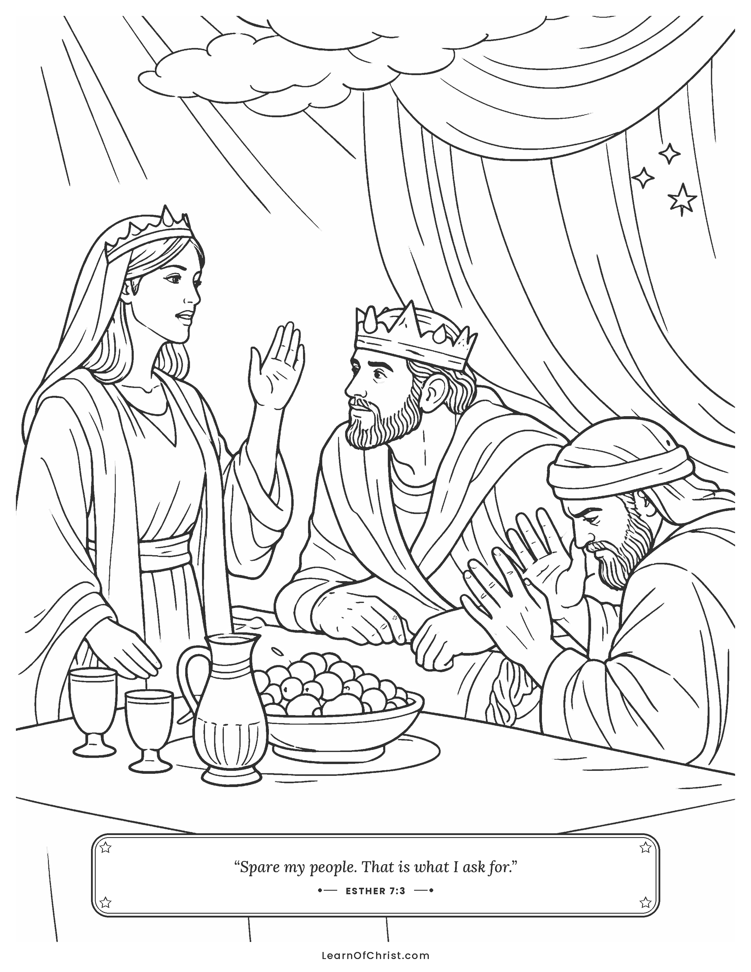 Esther 7 coloring page - Esther speaks up bravely at the banquet