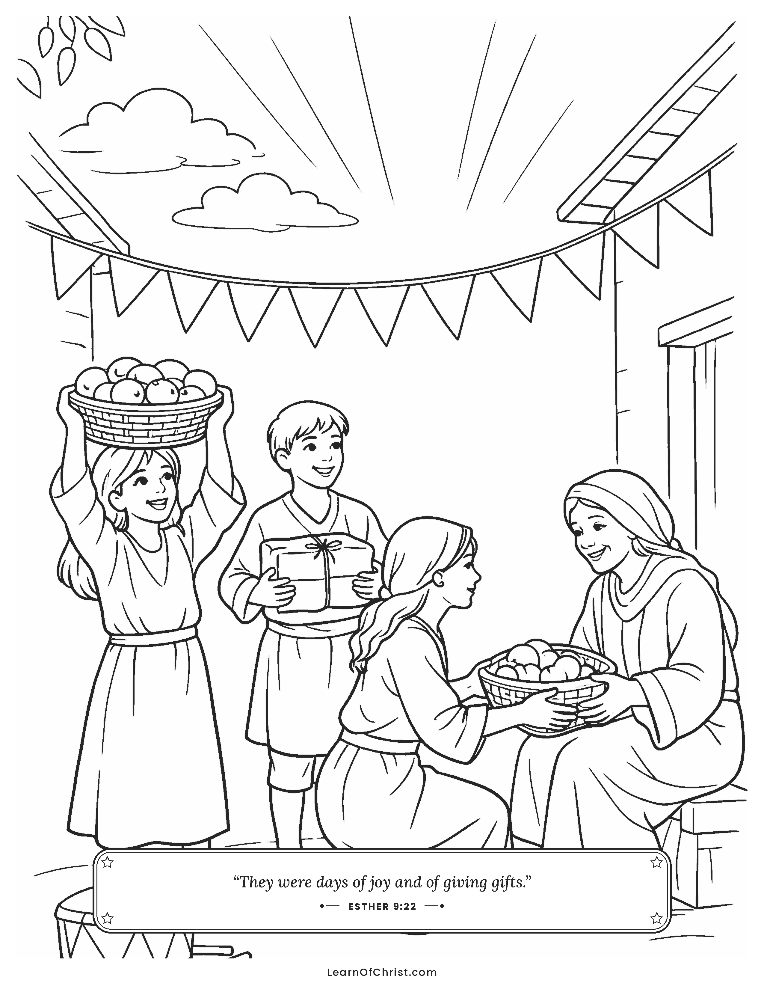 Esther 9 coloring page - Sharing gifts on the first Purim