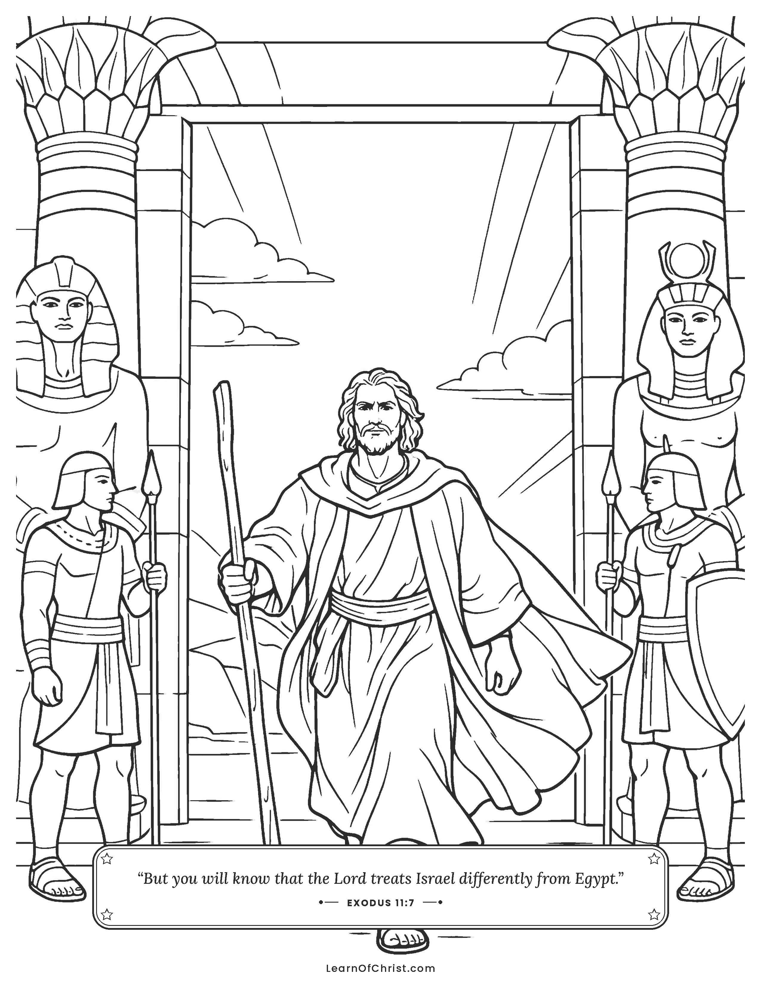 Exodus 11 coloring page - Moses walks out of Pharaoh's palace