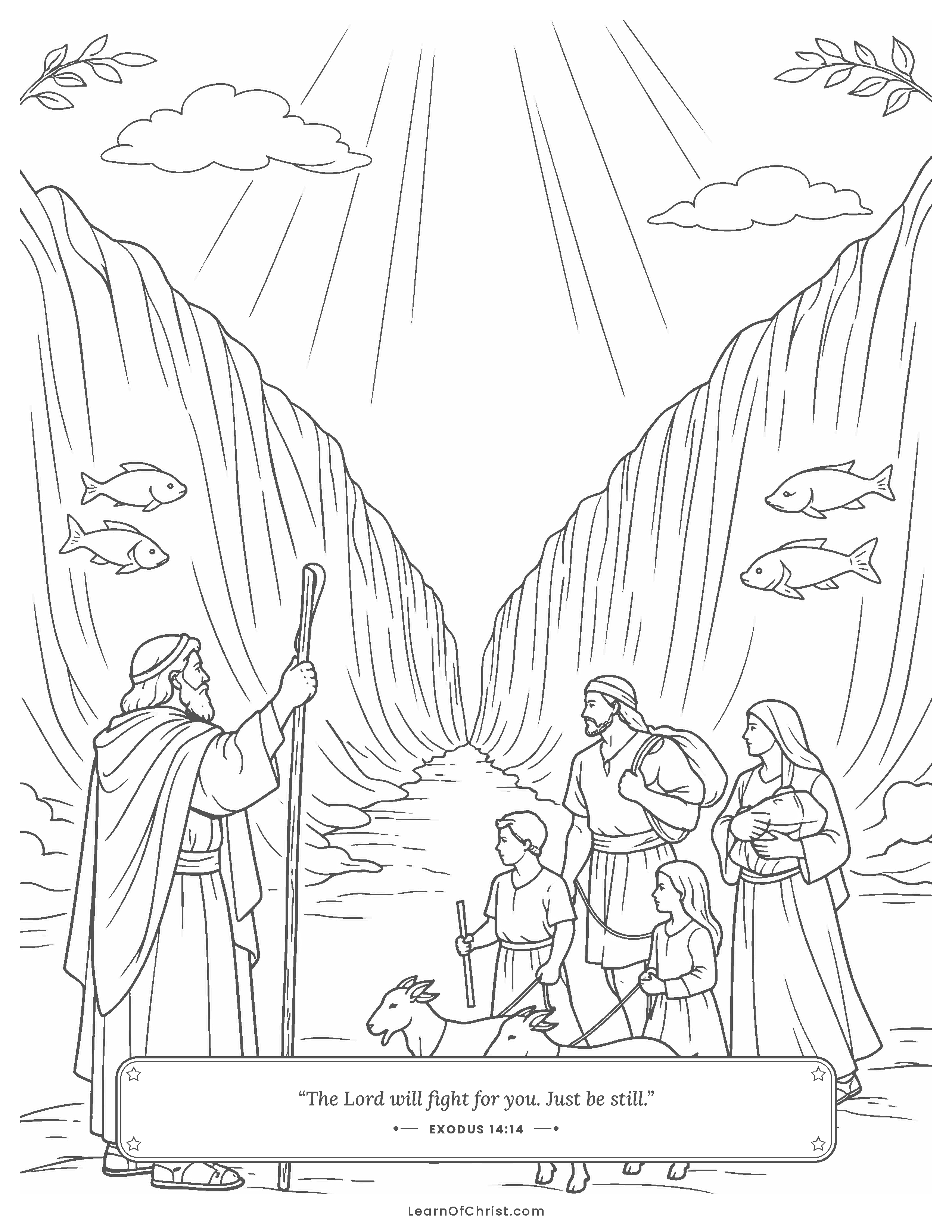 Exodus 14 coloring page - A dry path through the sea