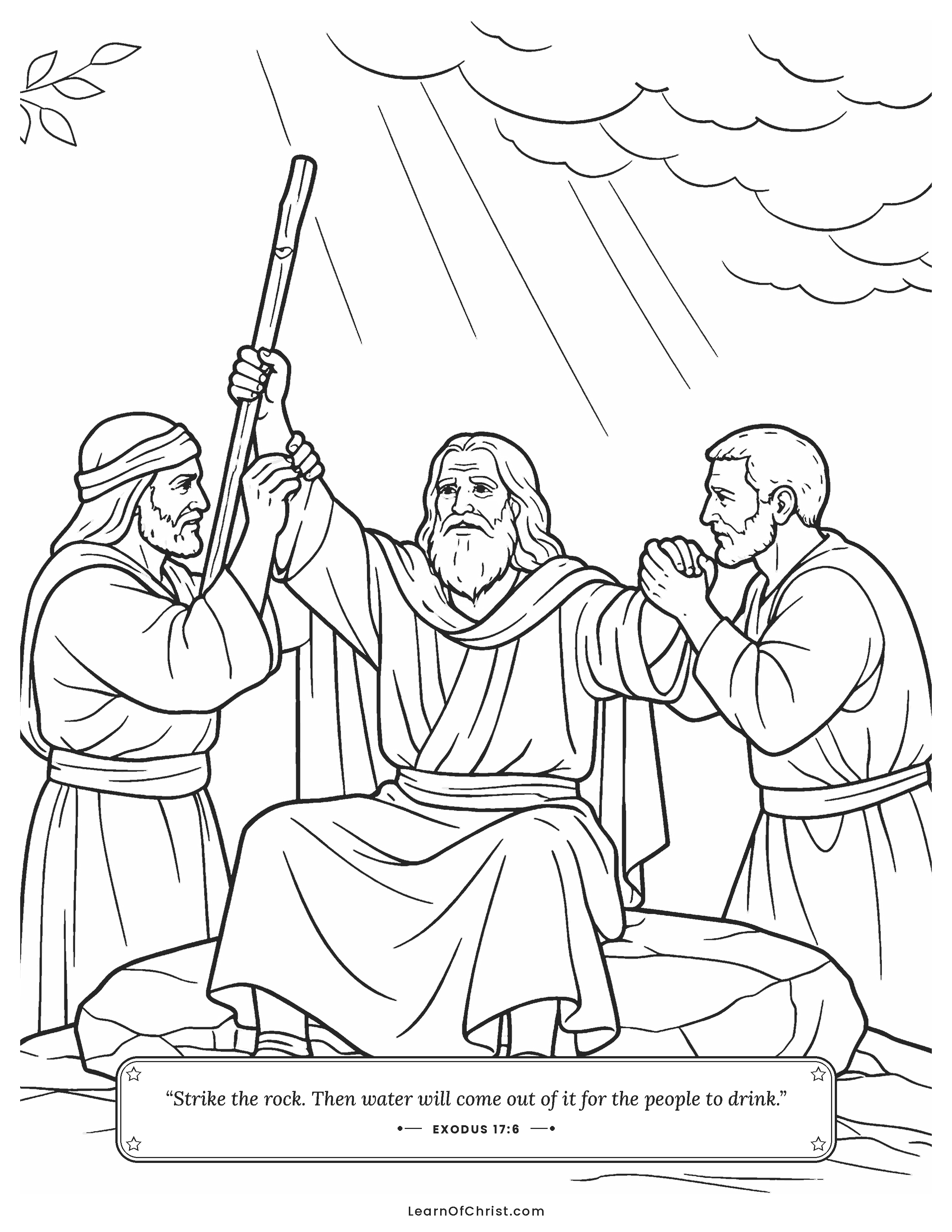 Exodus 17 coloring page - Aaron and Hur hold up Moses' hands