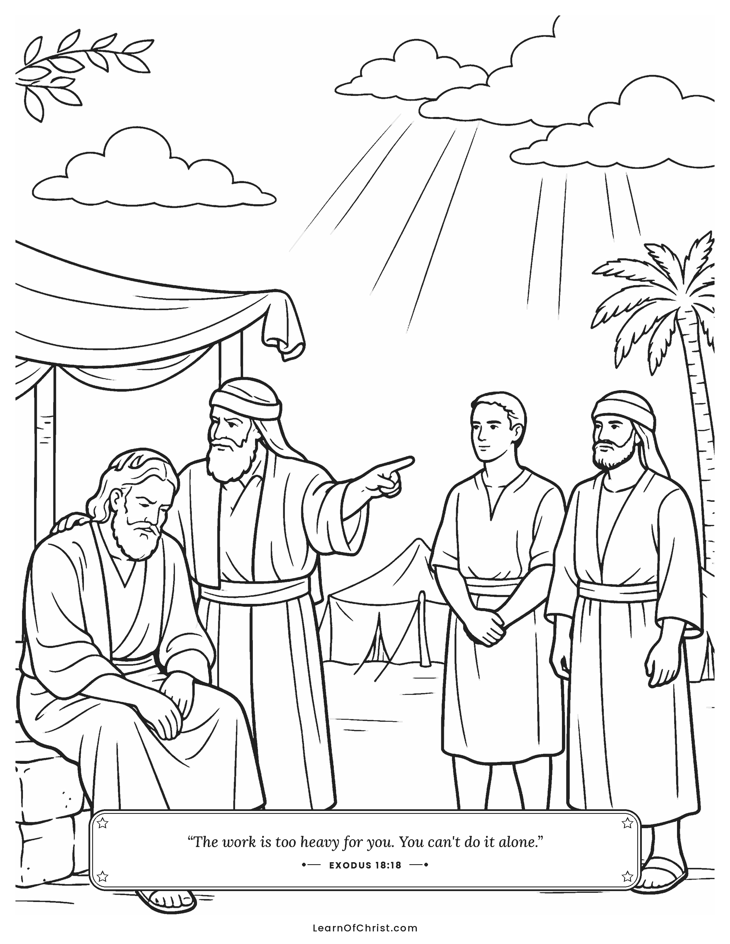 Exodus 18 coloring page - Jethro helps Moses share the load