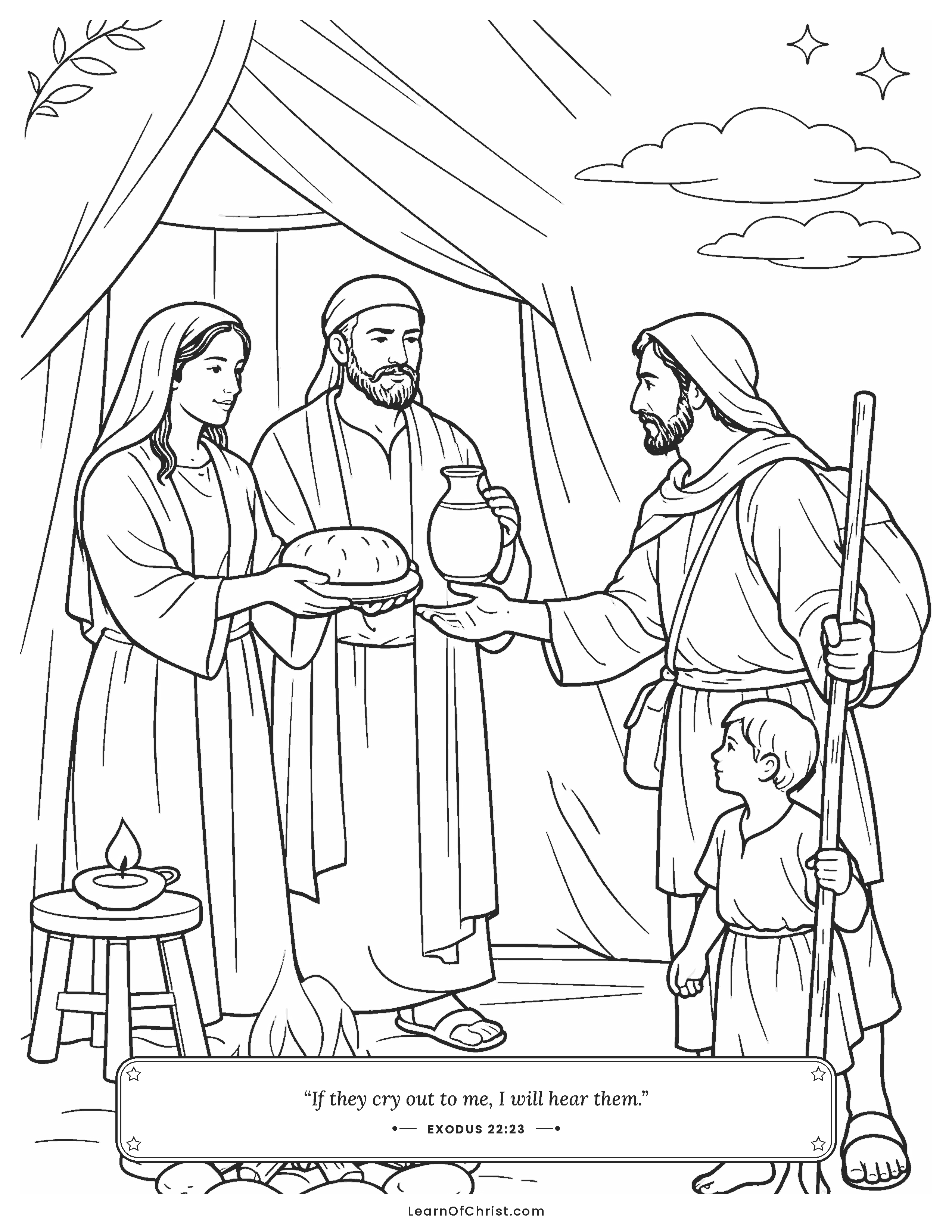 Exodus 22 coloring page - A family welcomes the lonely traveler
