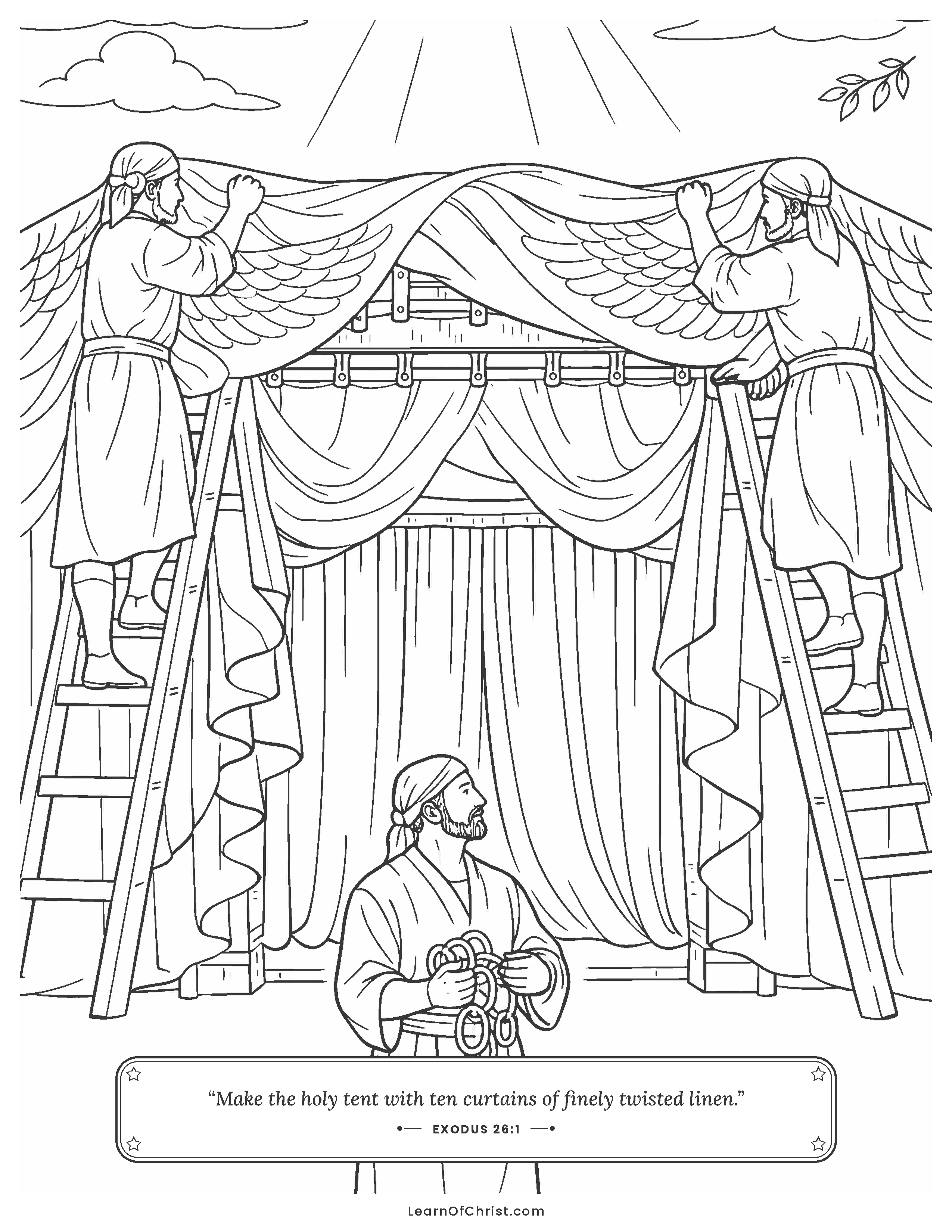 Exodus 26 coloring page - Weavers hang the tabernacle curtains