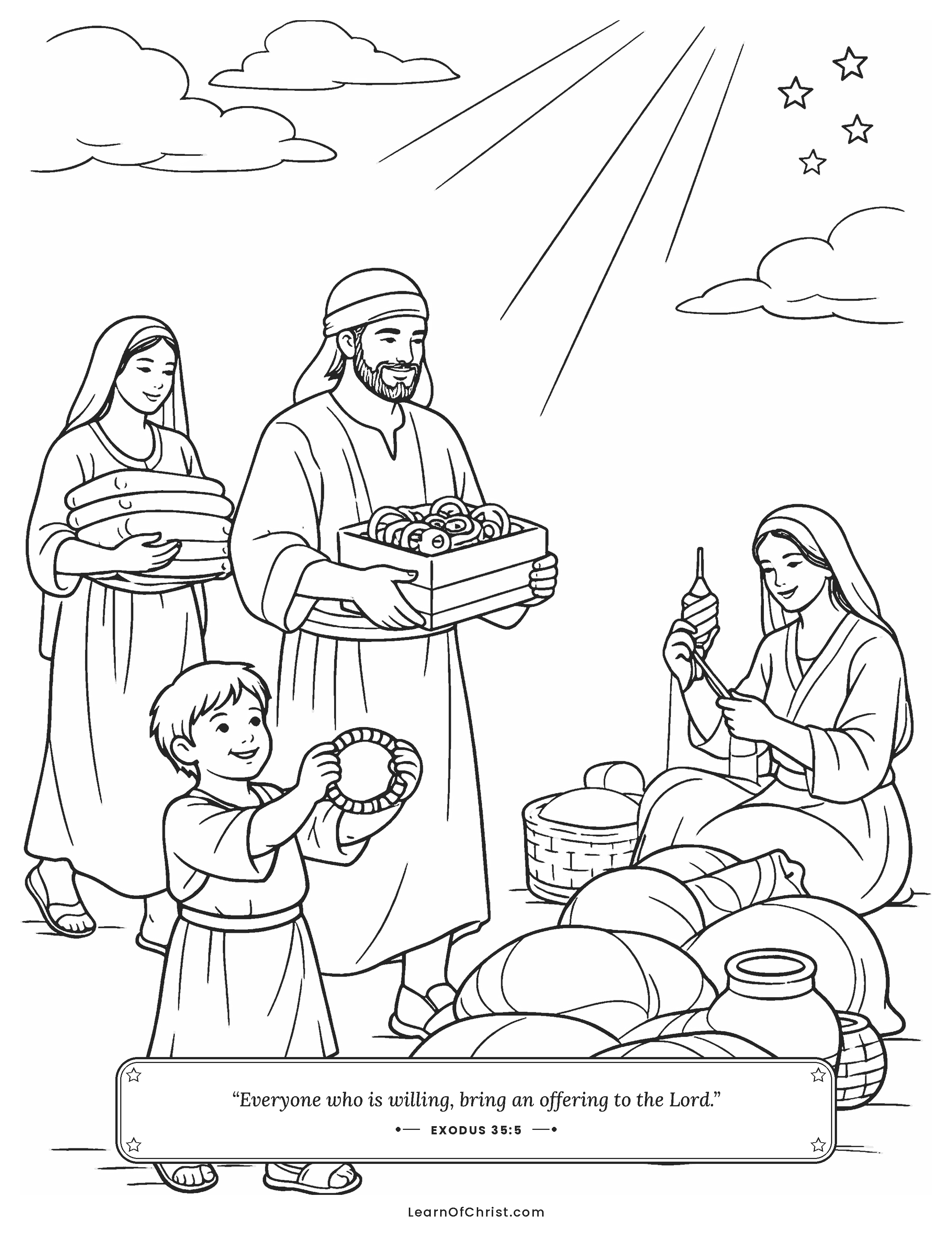Exodus 35 coloring page - Everyone brings a willing gift