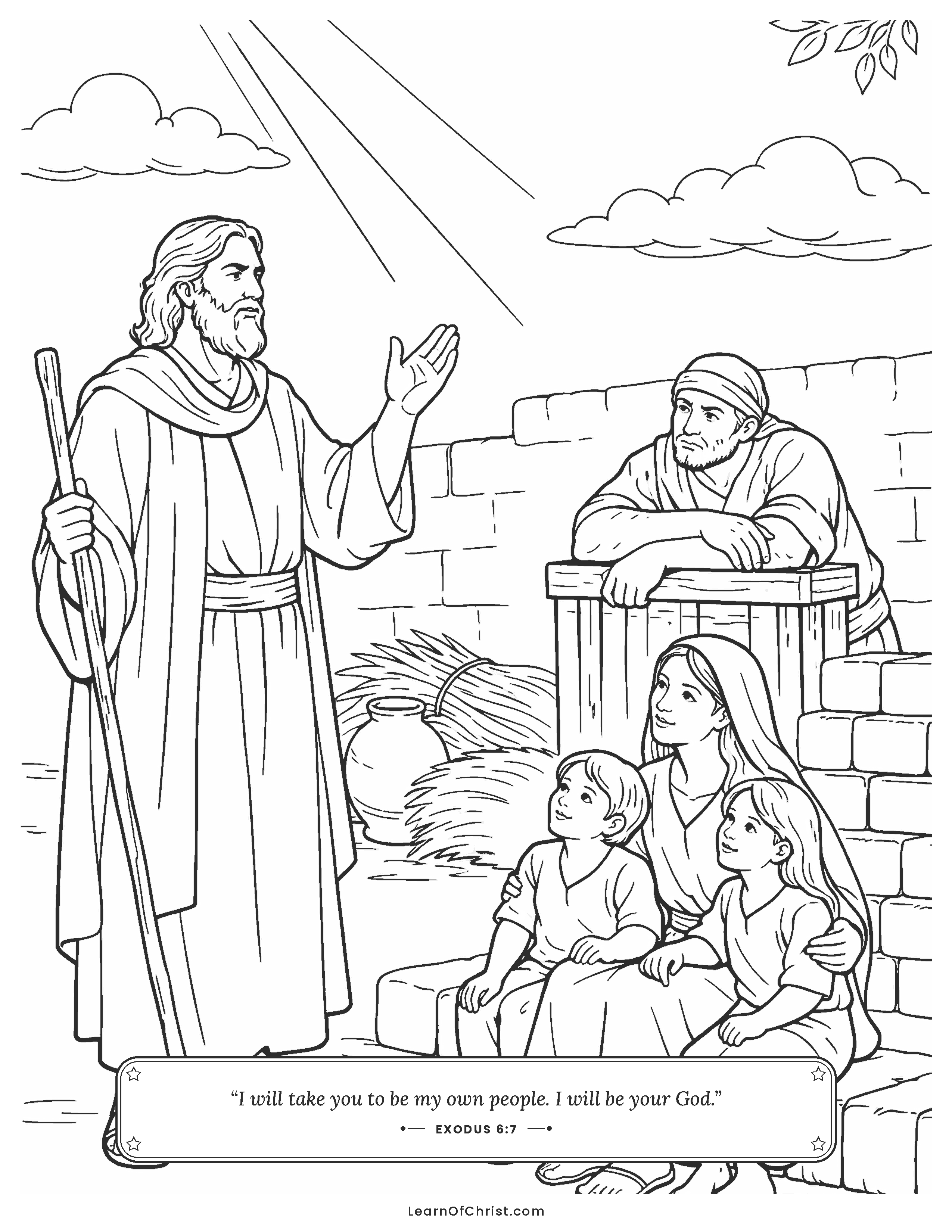 Exodus 6 coloring page - Moses tells the tired people God's promise