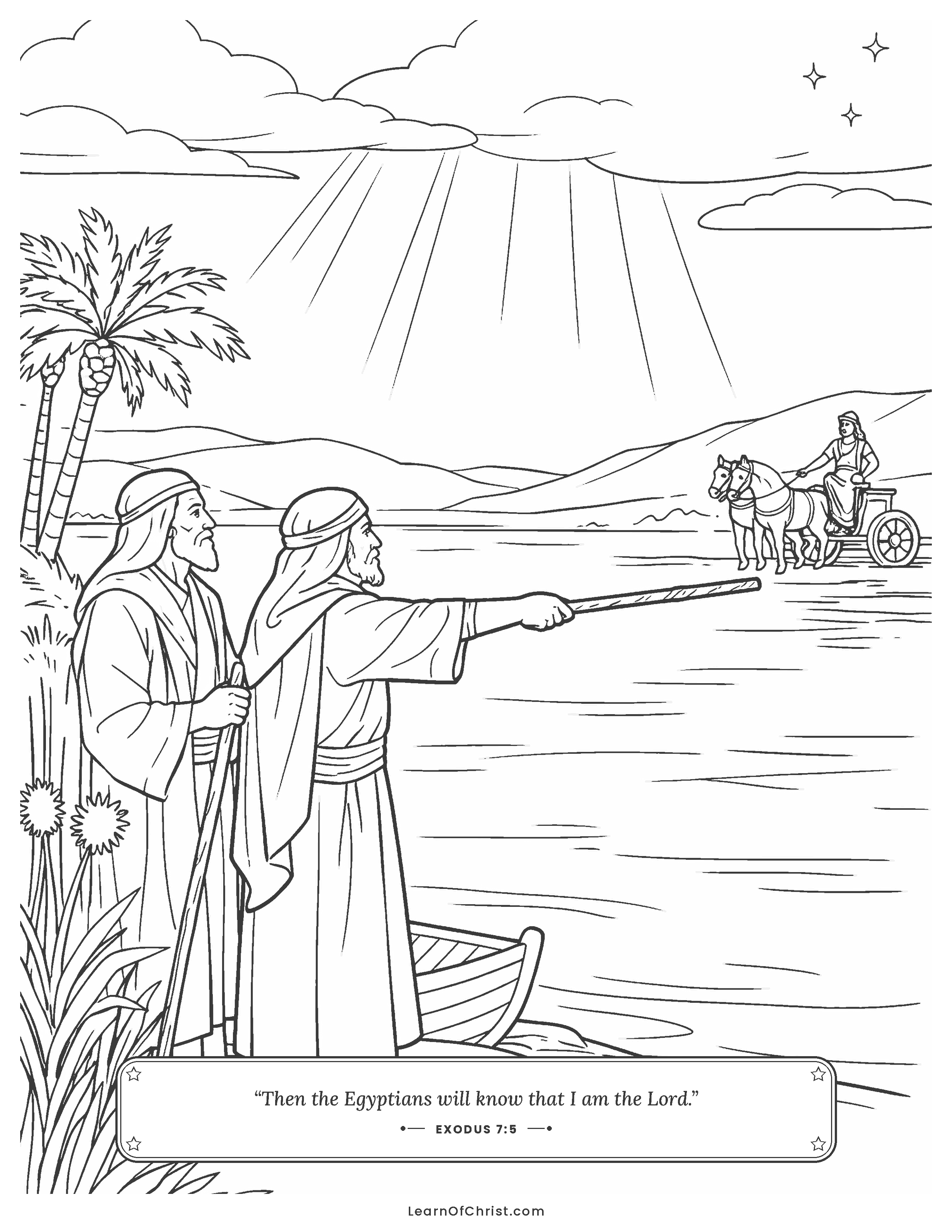 Exodus 7 coloring page - Moses raises his staff over the river