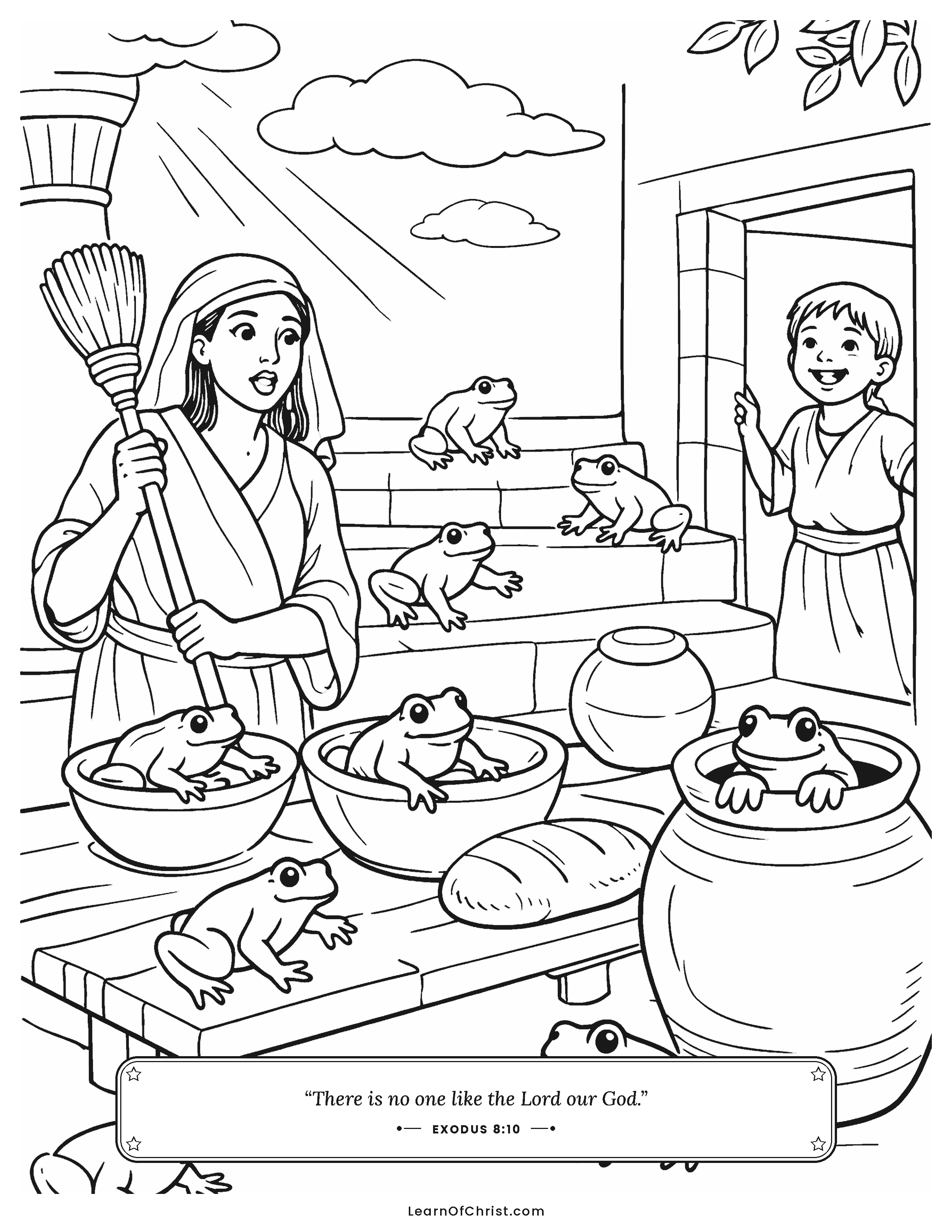 Exodus 8 coloring page - Frogs hop through every Egyptian house