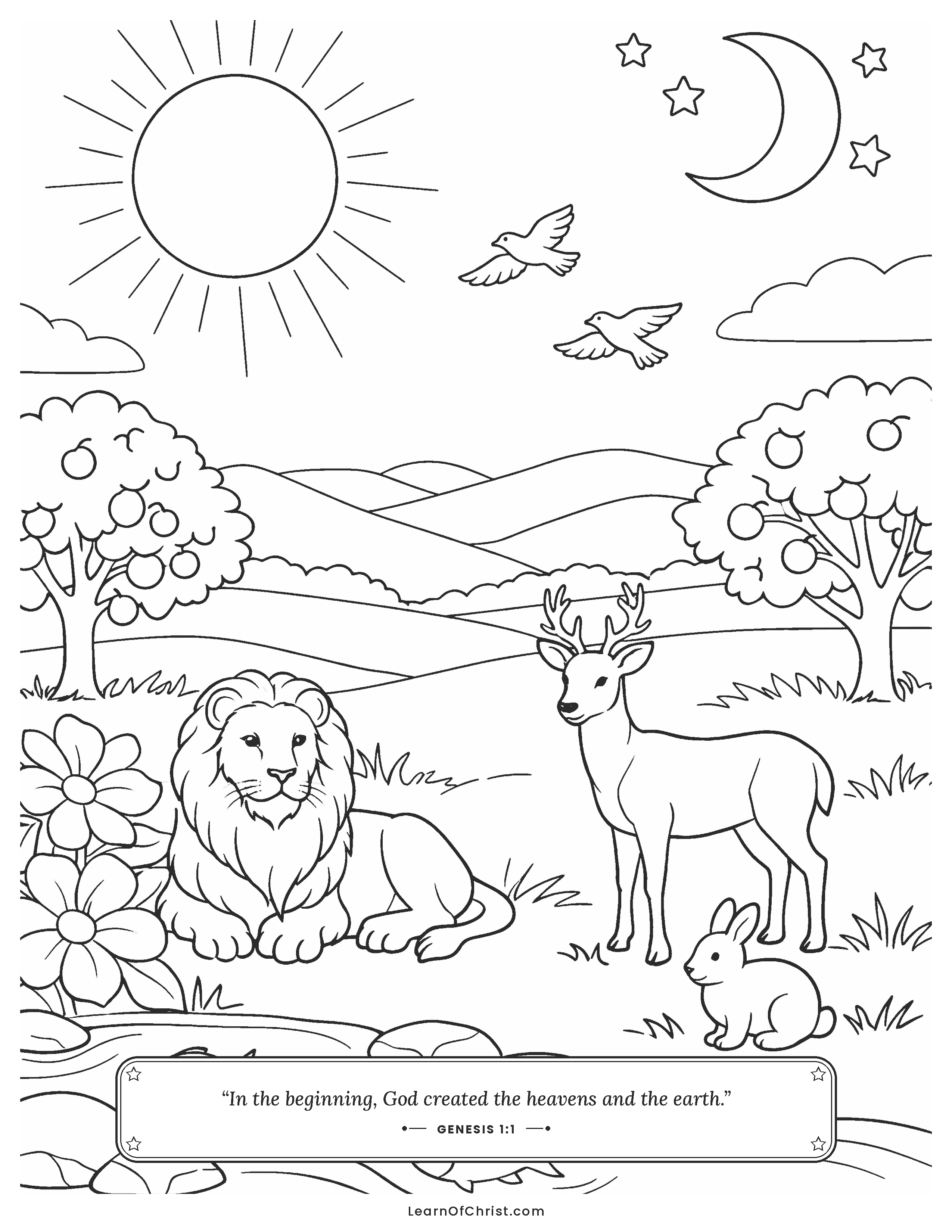 Genesis 1 coloring page - God fills the world in seven days
