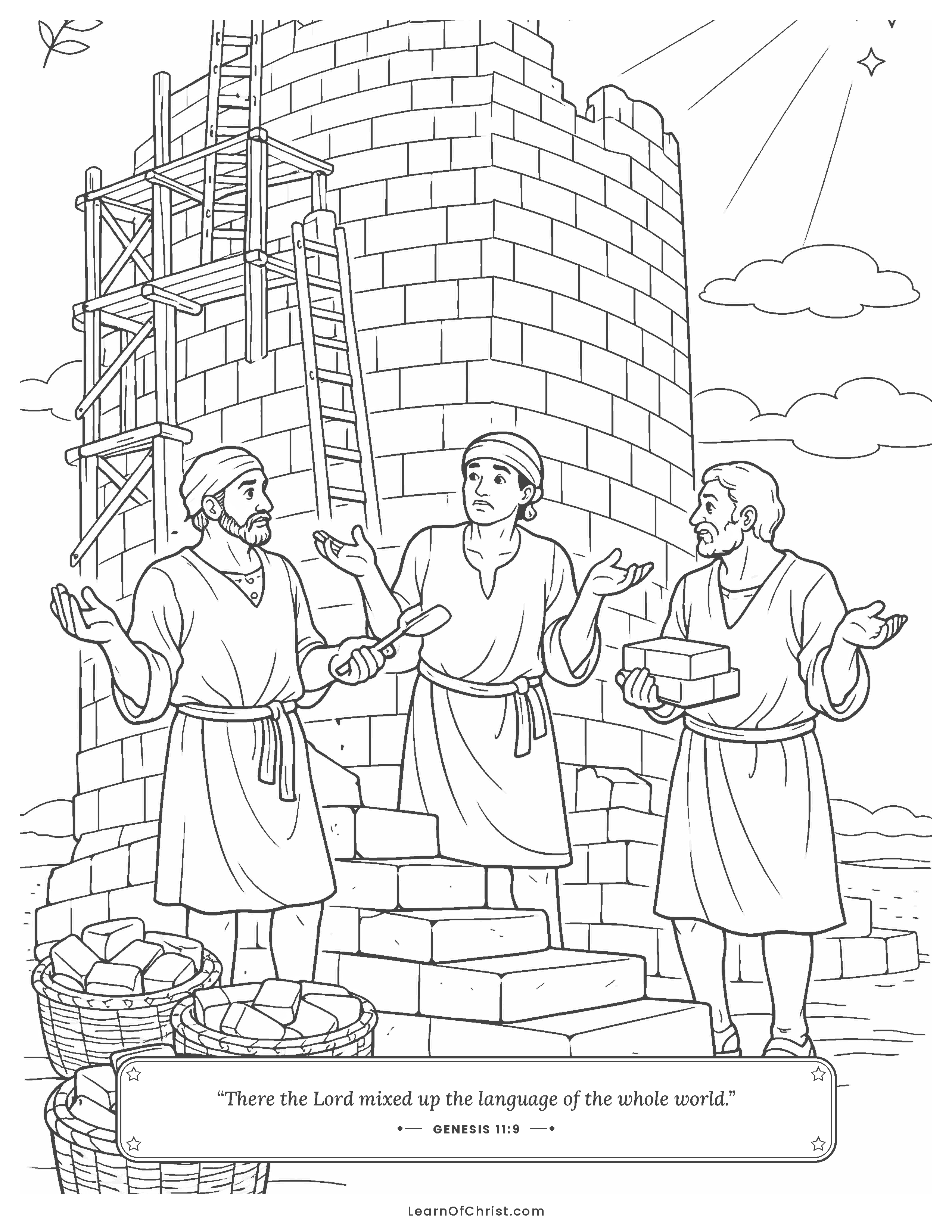 Genesis 11 coloring page - Builders stop work on the tall tower