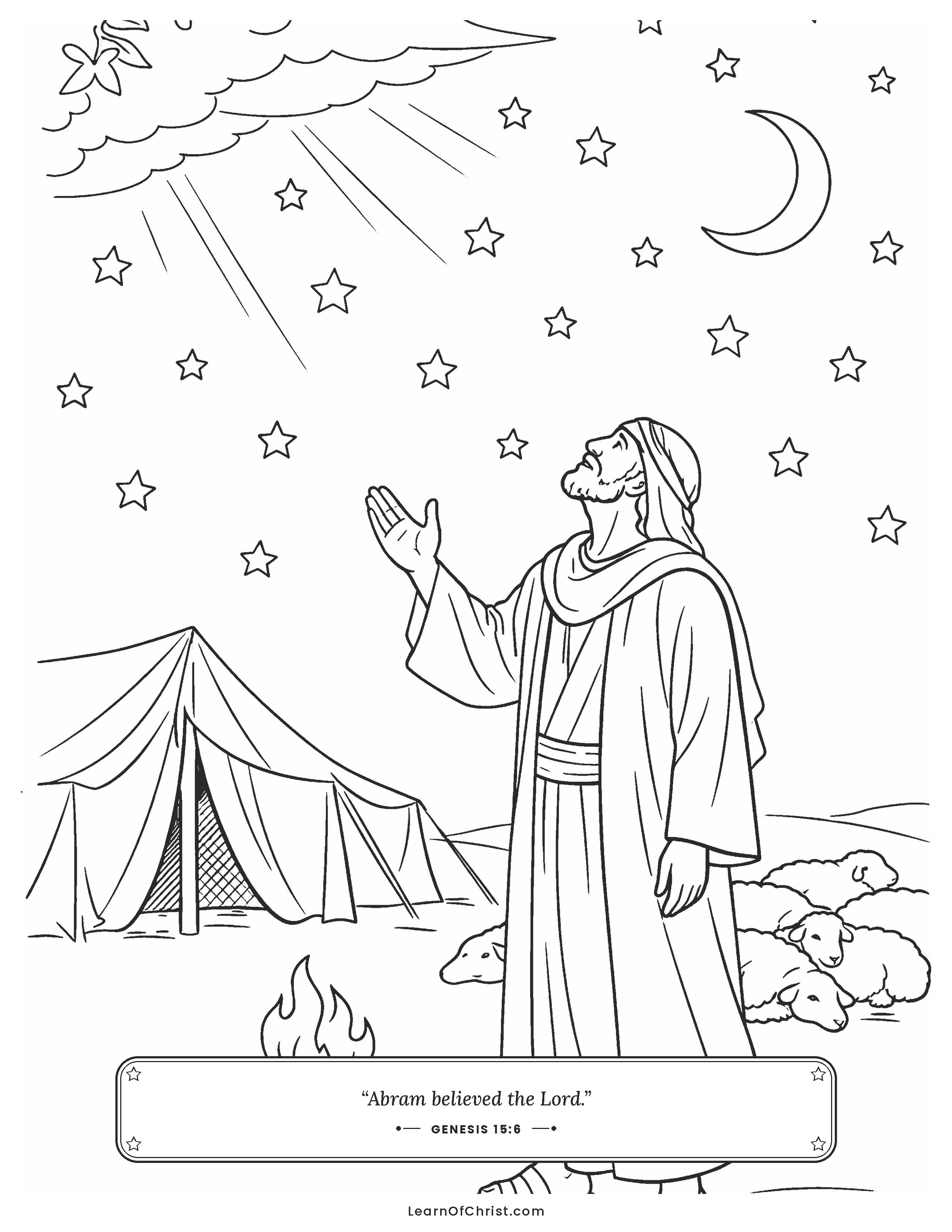 Genesis 15 coloring page - Abram counts the stars at night