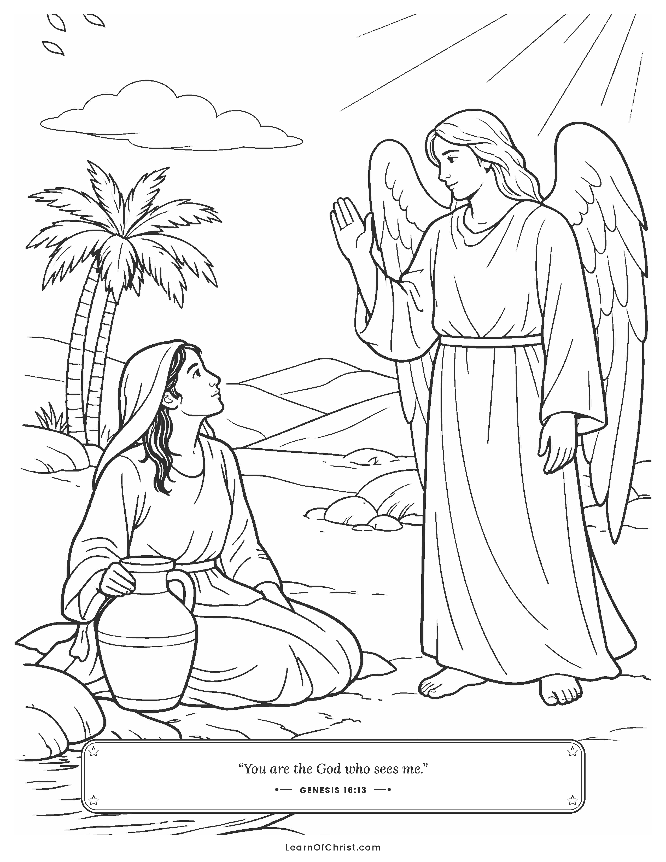 Genesis 16 coloring page - God sees Hagar in the desert