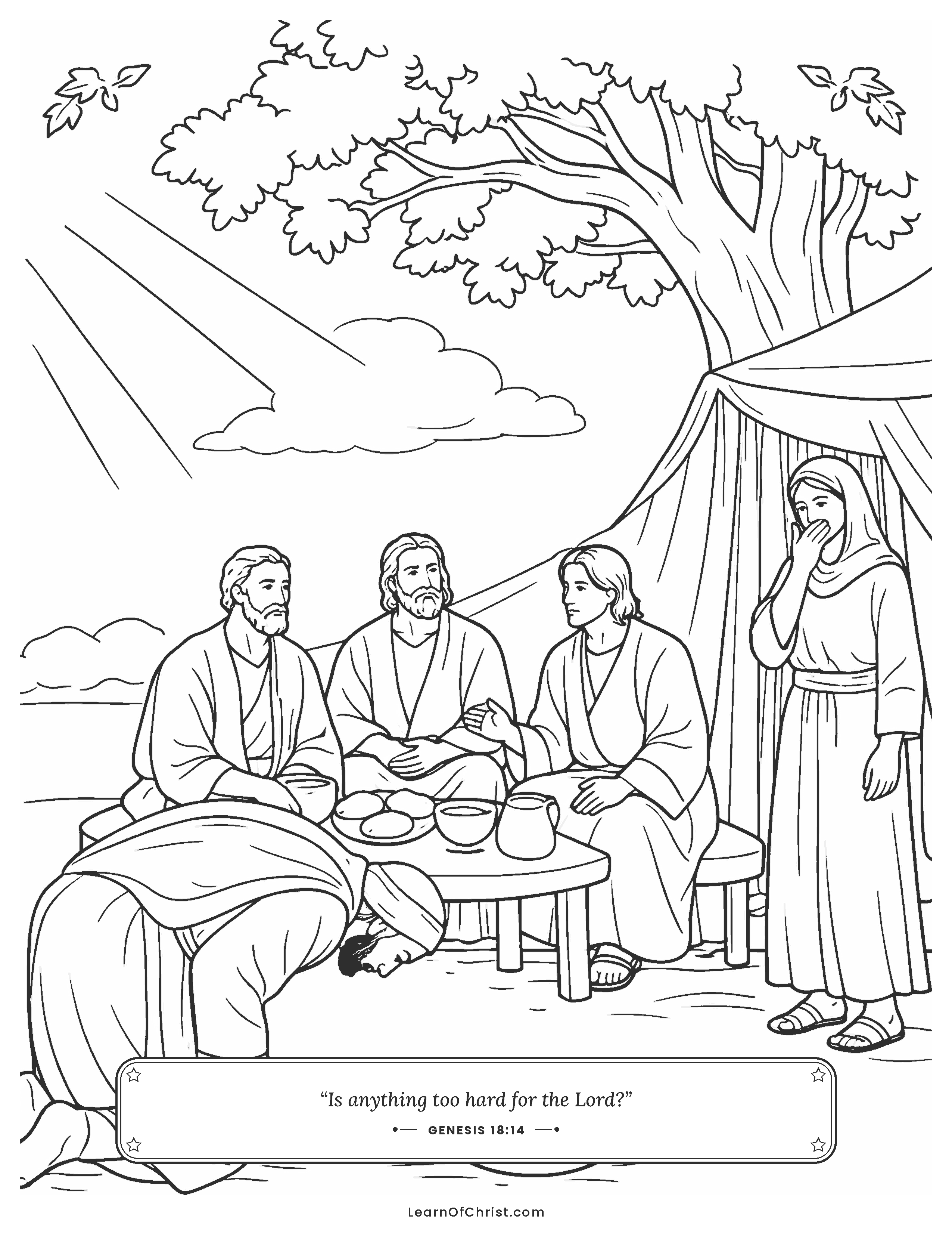 Genesis 18 coloring page - Three visitors at Abraham's tent