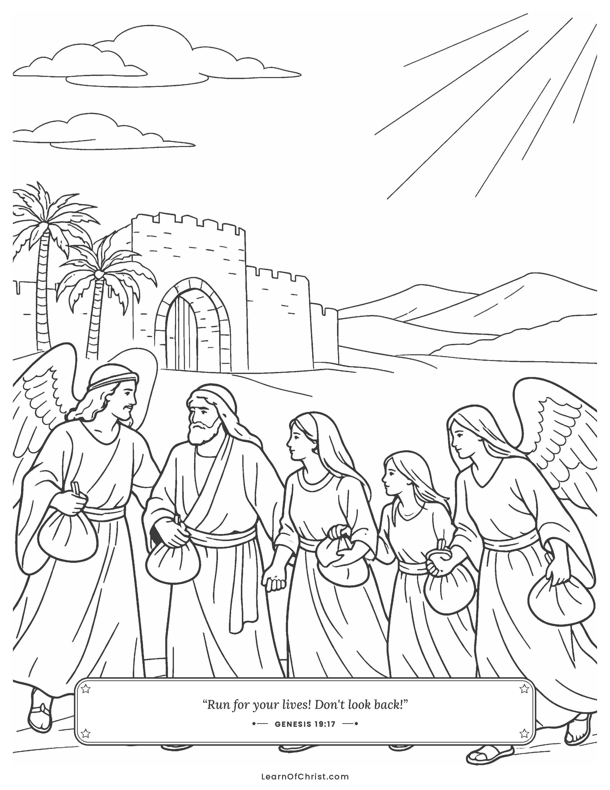 Genesis 19 coloring page - Angels lead Lot's family to safety