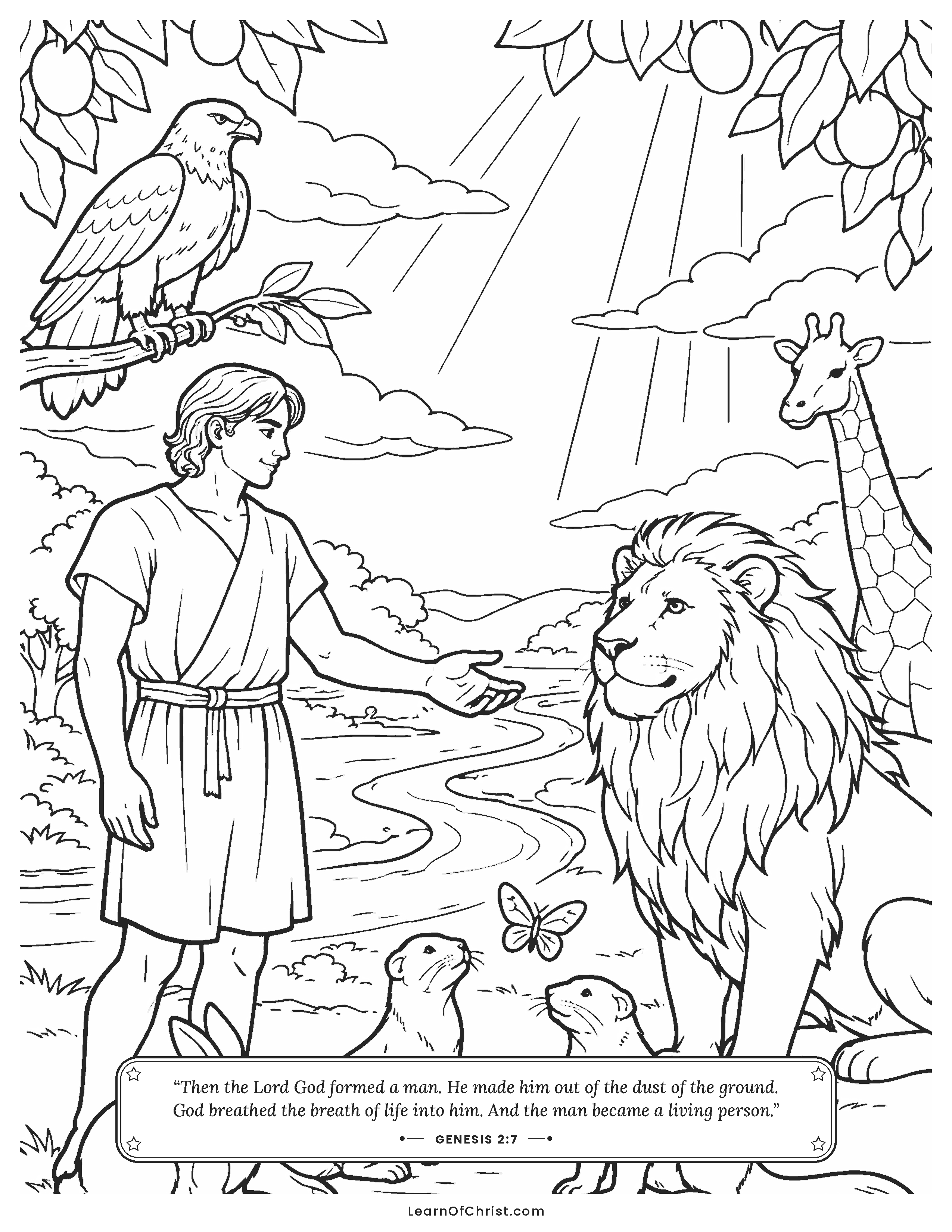 Genesis 2 coloring page - Adam names the animals in Eden