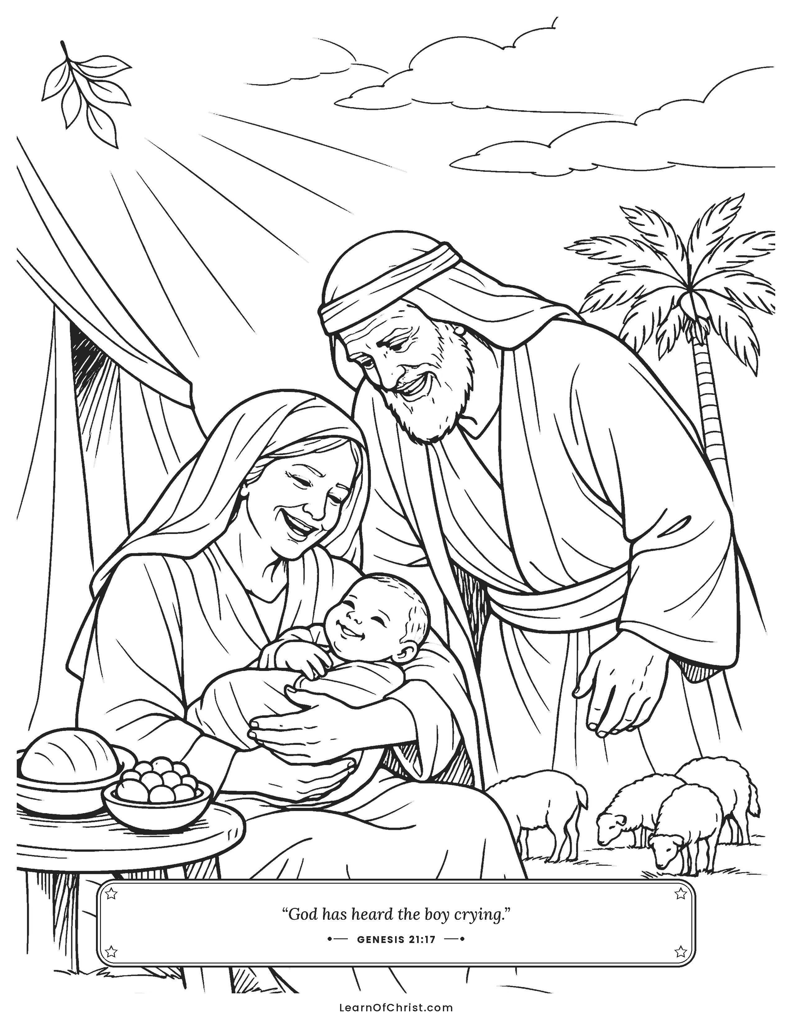 Genesis 21 coloring page - Sarah laughs with baby Isaac