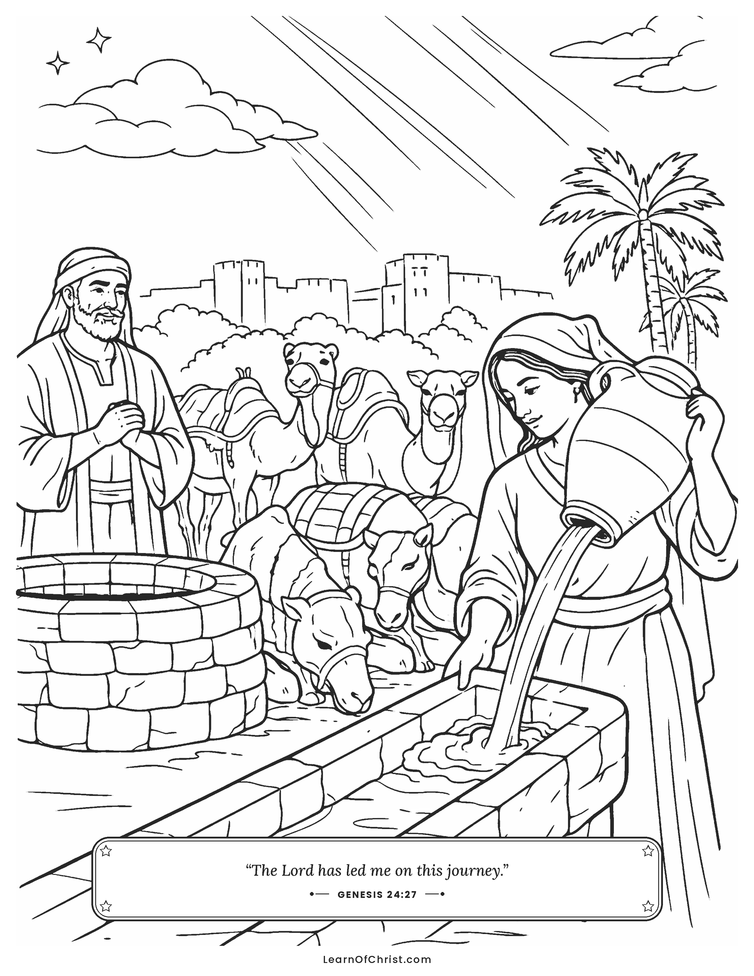 Genesis 24 coloring page - Rebekah waters the camels at the well