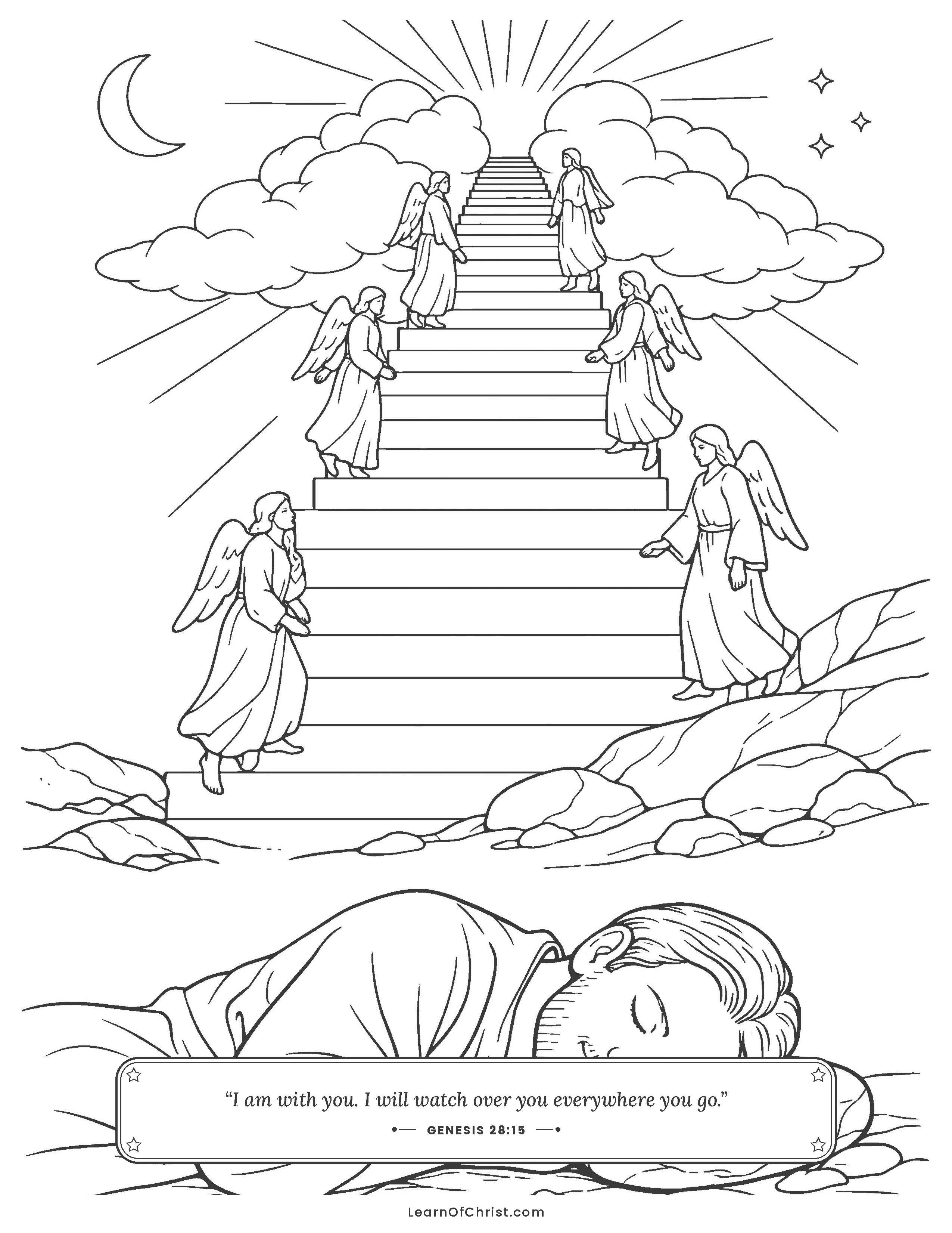Genesis 28 coloring page - Jacob dreams of a stairway to heaven