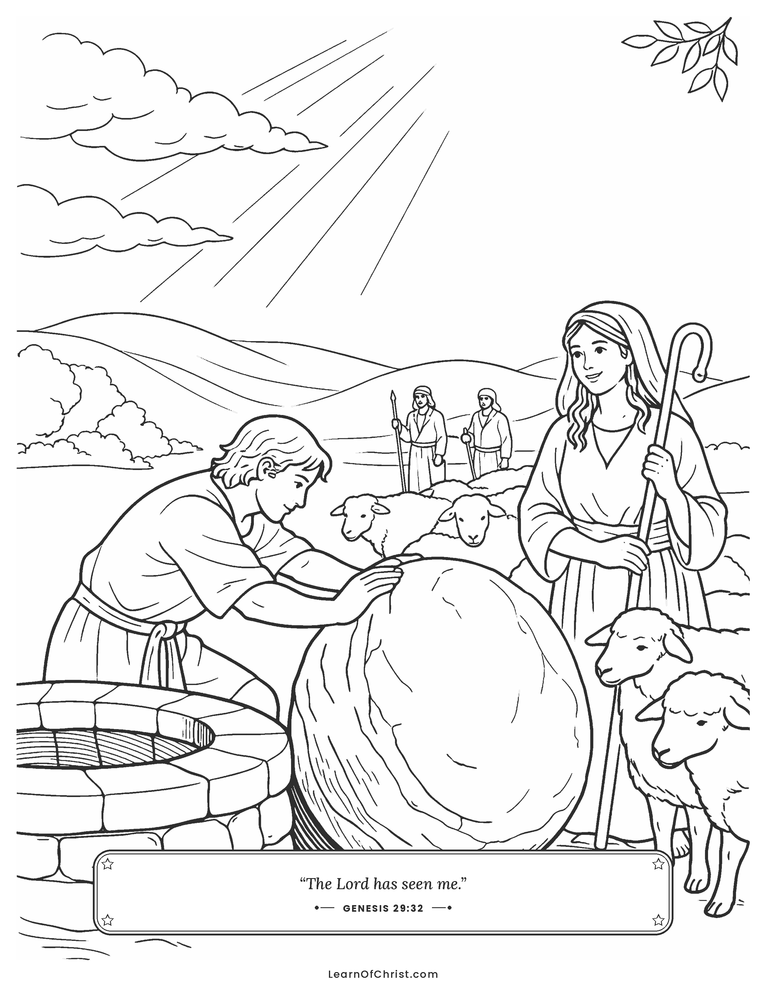 Genesis 29 coloring page - Jacob rolls the stone for Rachel