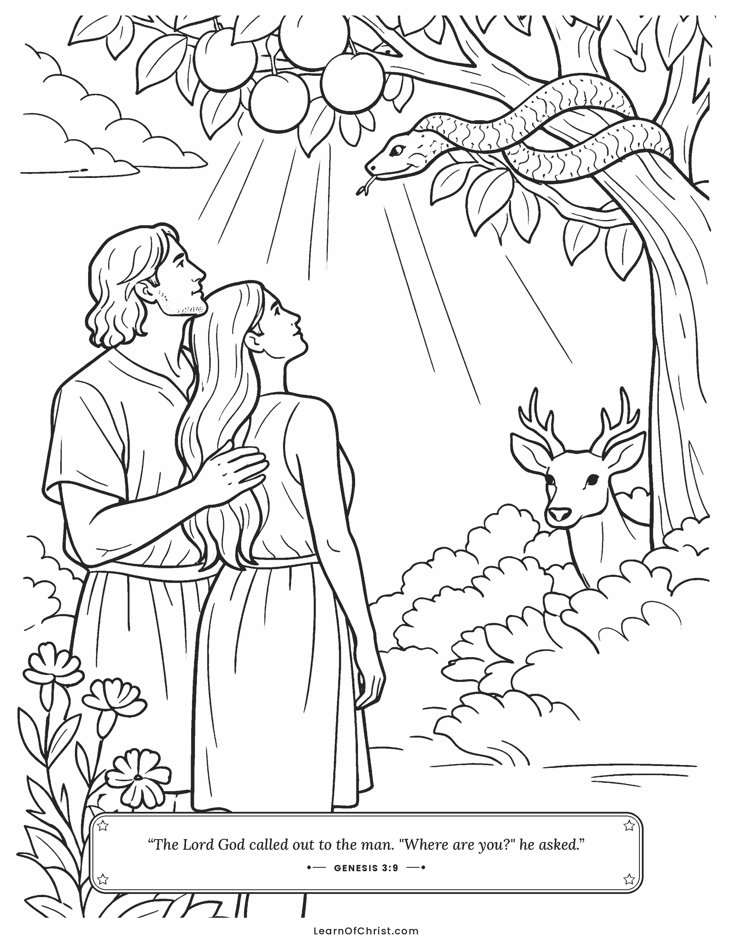 Genesis 3 coloring page - Adam and Eve at the special tree