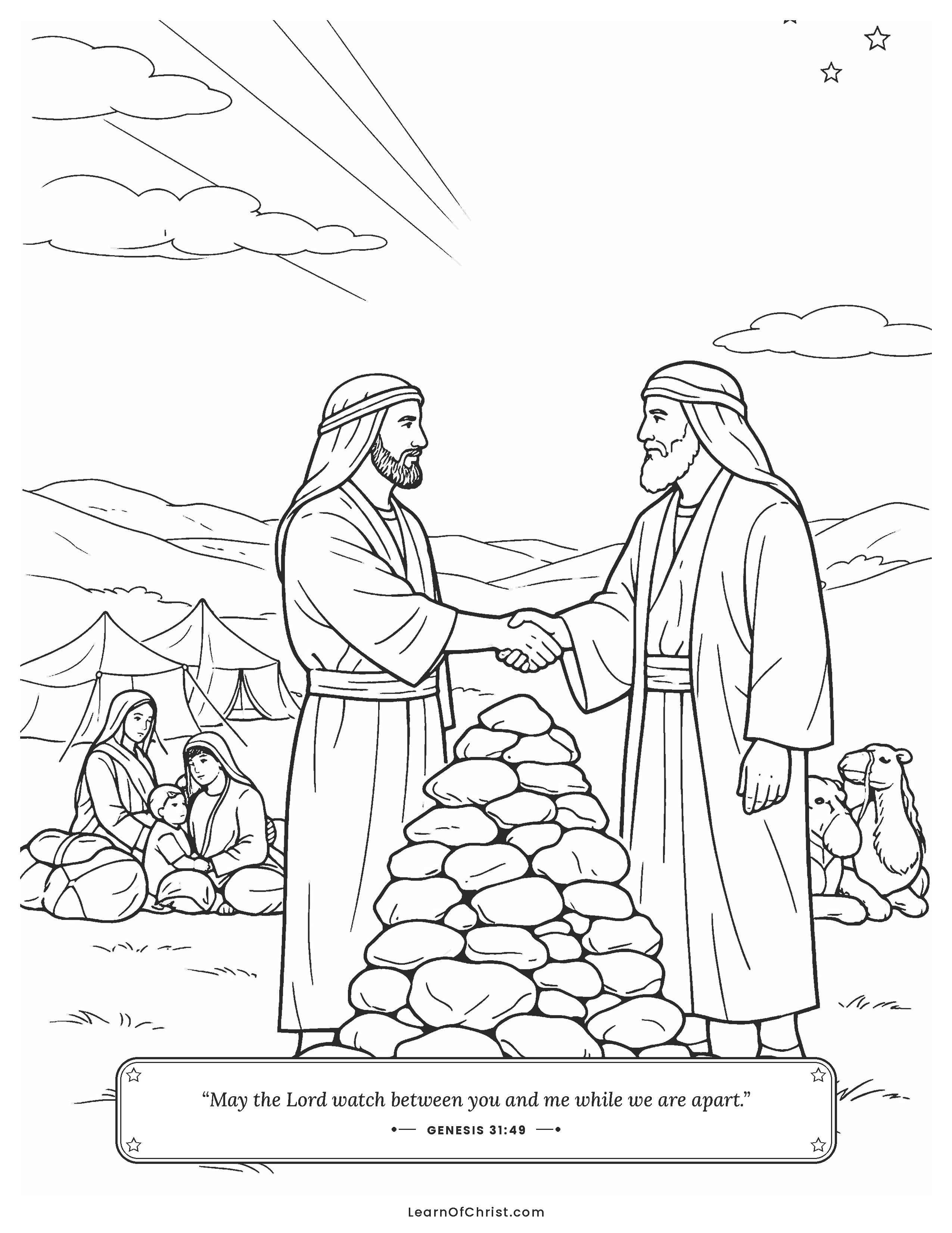 Genesis 31 coloring page - A pile of stones makes peace