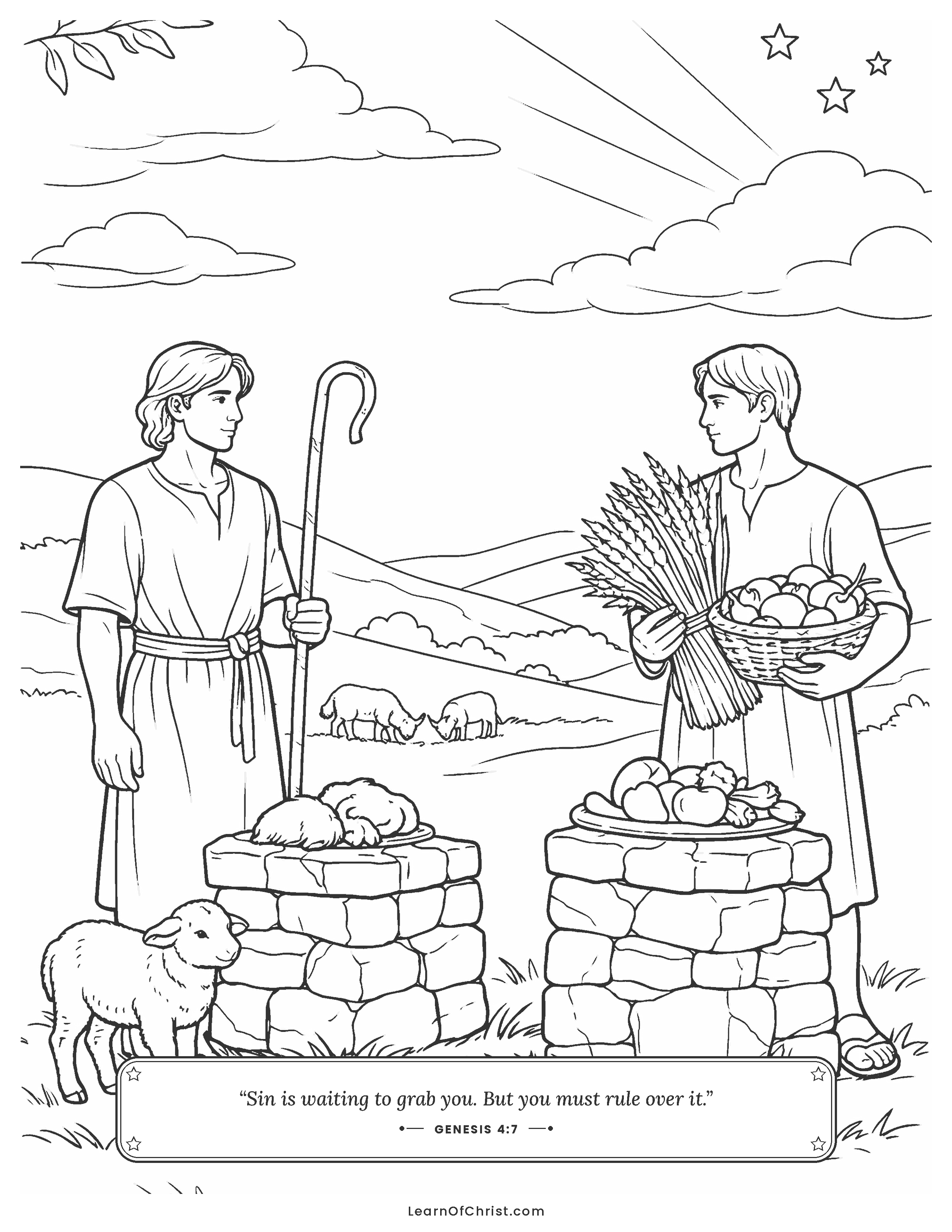 Genesis 4 coloring page - Cain and Abel bring their gifts