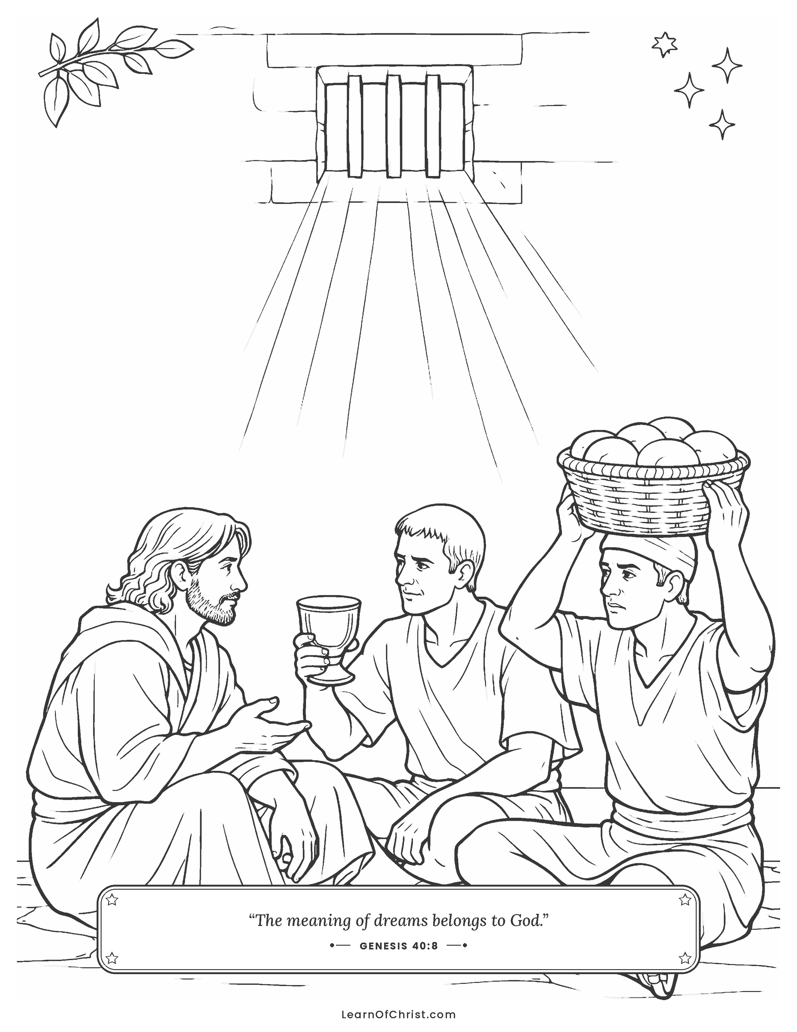 Genesis 40 coloring page - Joseph listens to two prisoners' dreams