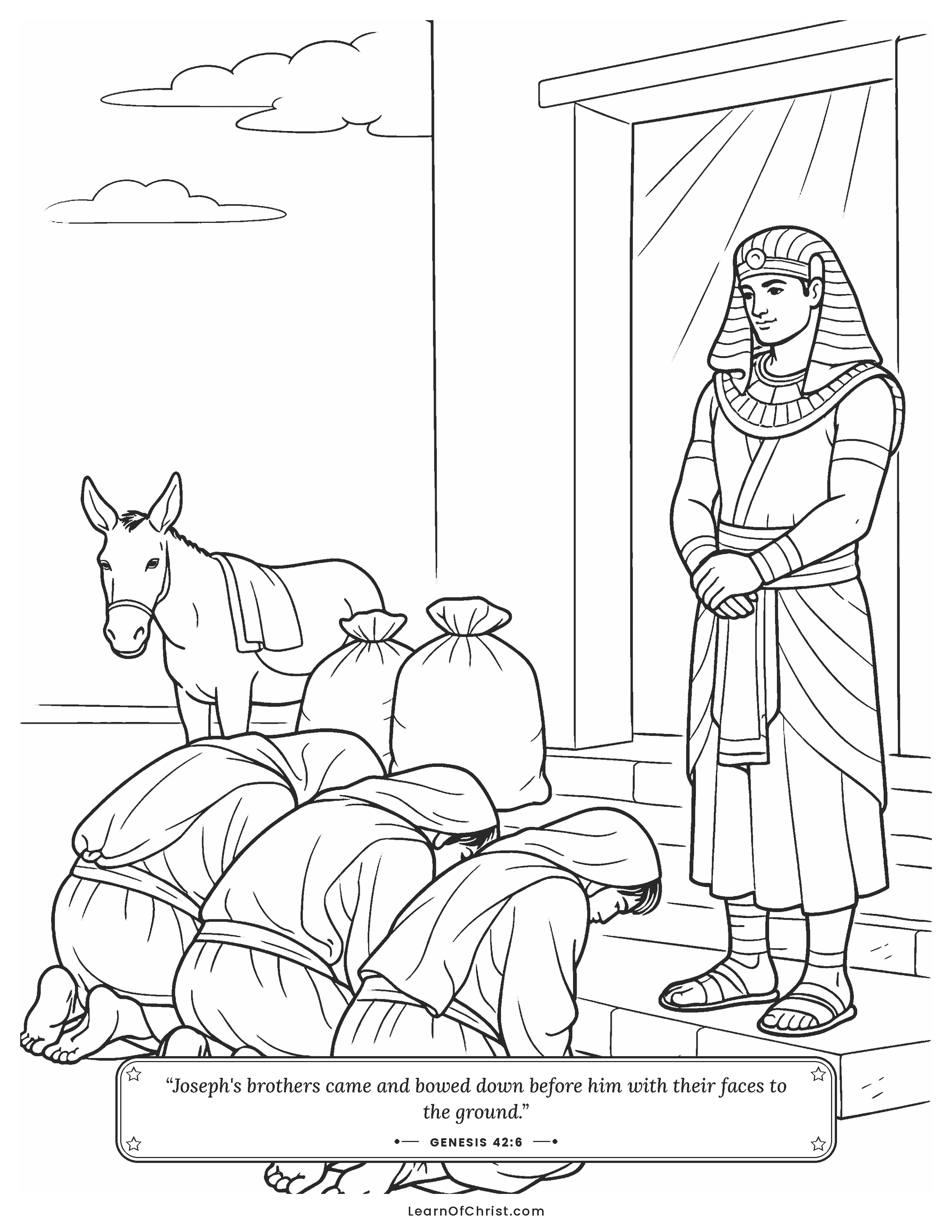 Genesis 42 coloring page - Three brothers bow before the governor