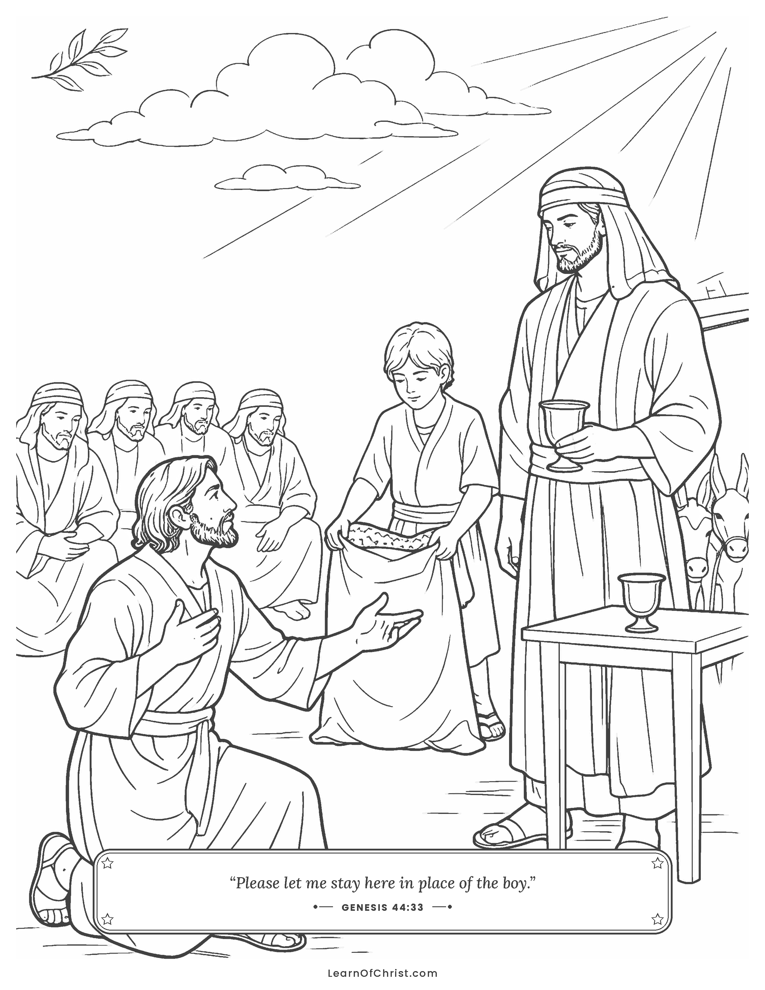 Genesis 44 coloring page - Judah offers to take Benjamin's place