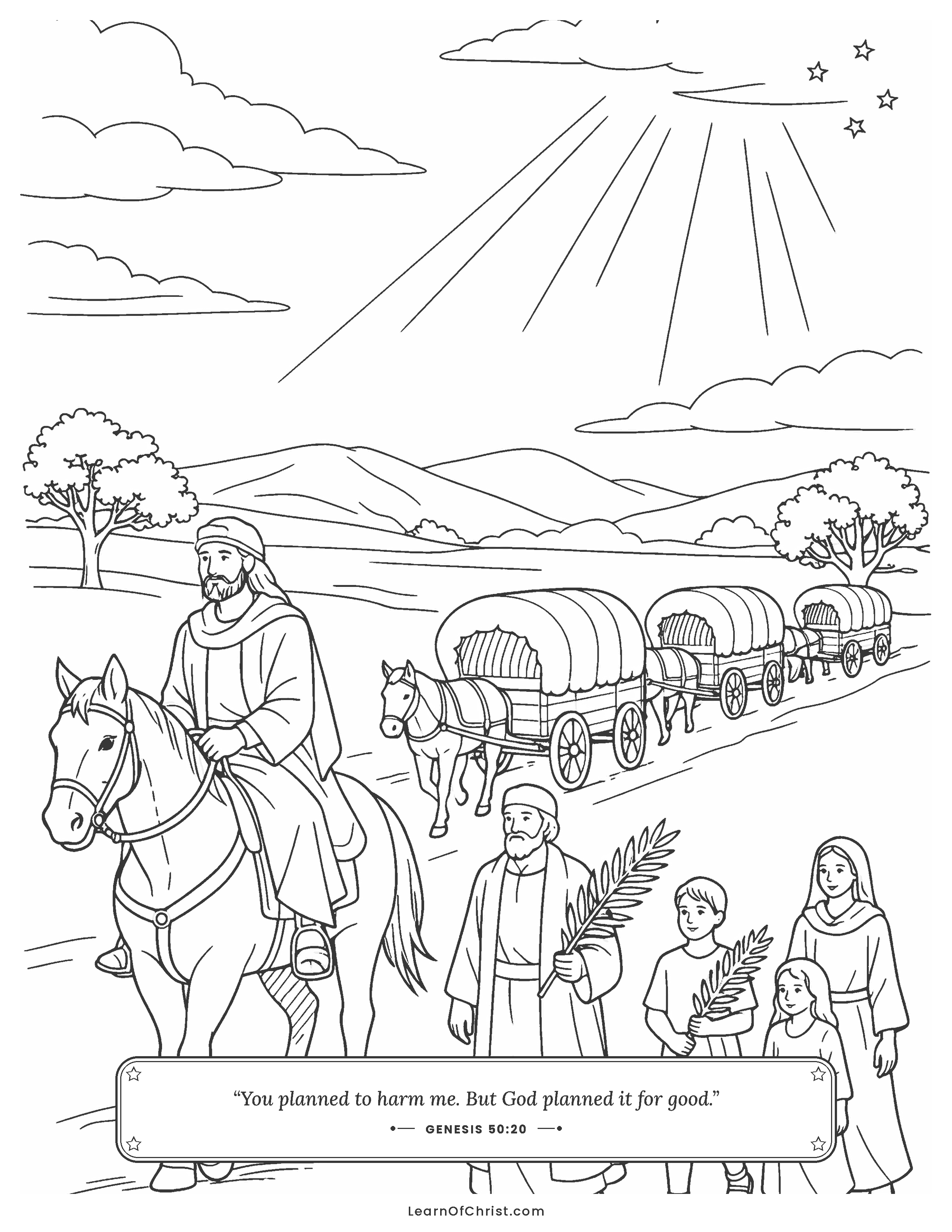 Genesis 50 coloring page - The family journeys home to bury Jacob