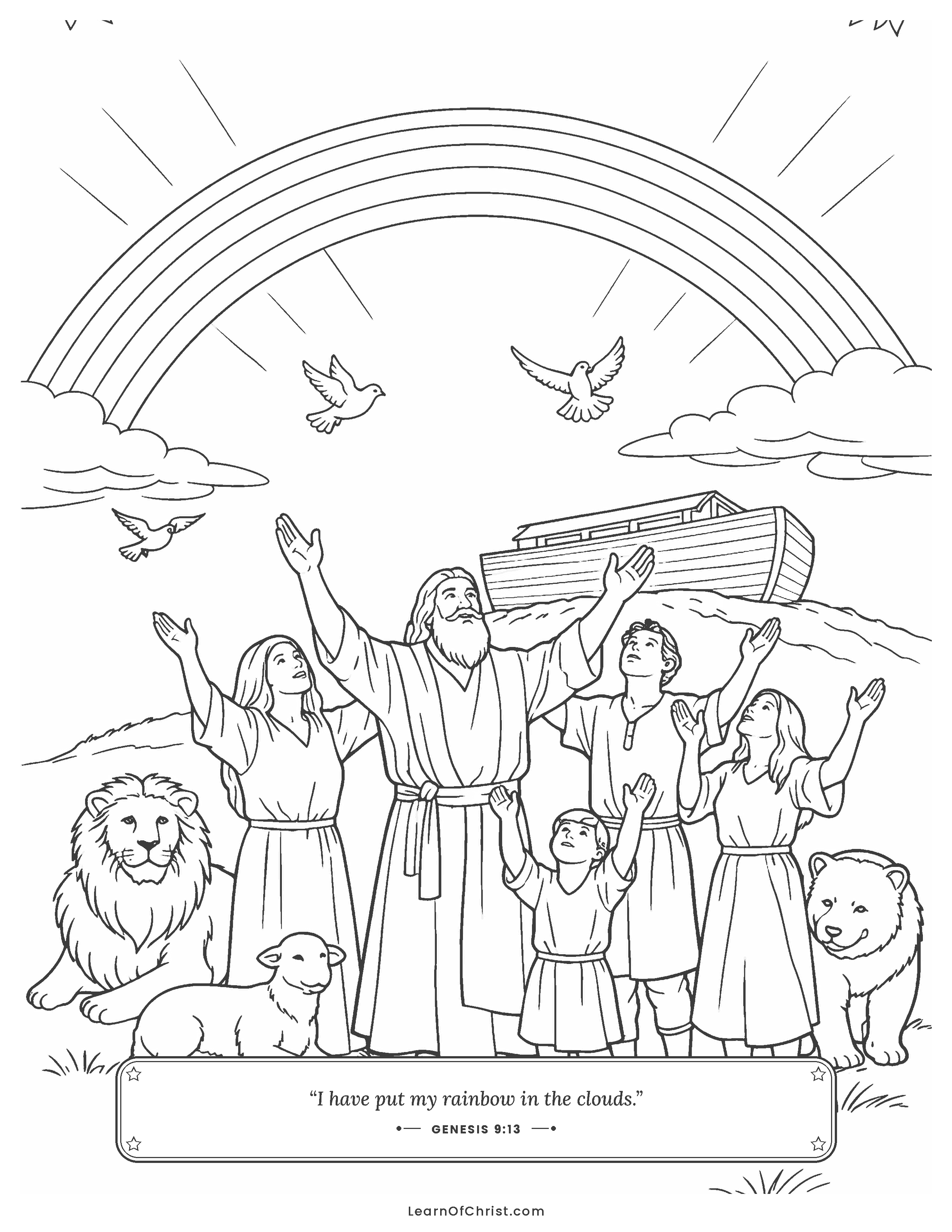 Genesis 9 coloring page - A rainbow arches over the ark