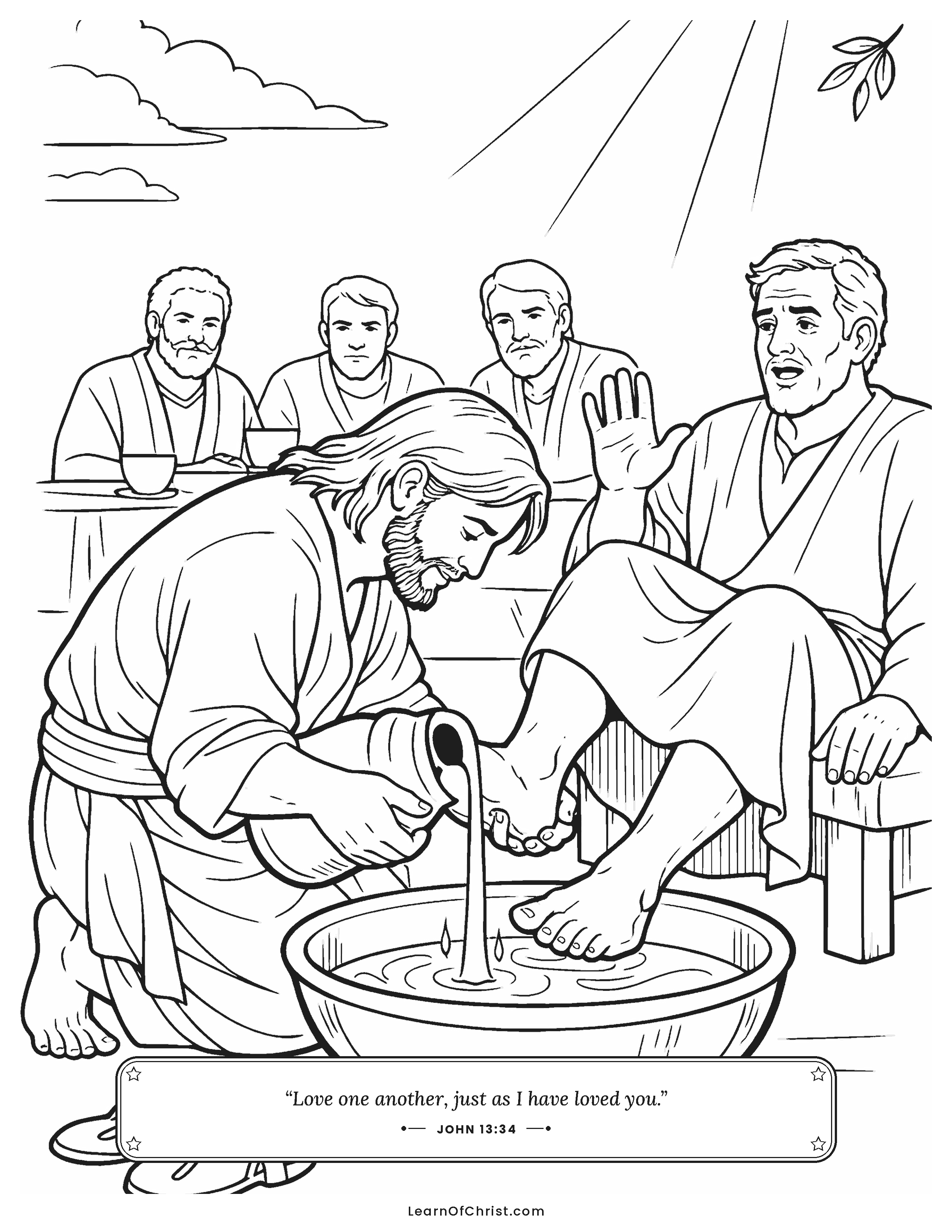 John 13 coloring page - The King kneels to wash dusty feet