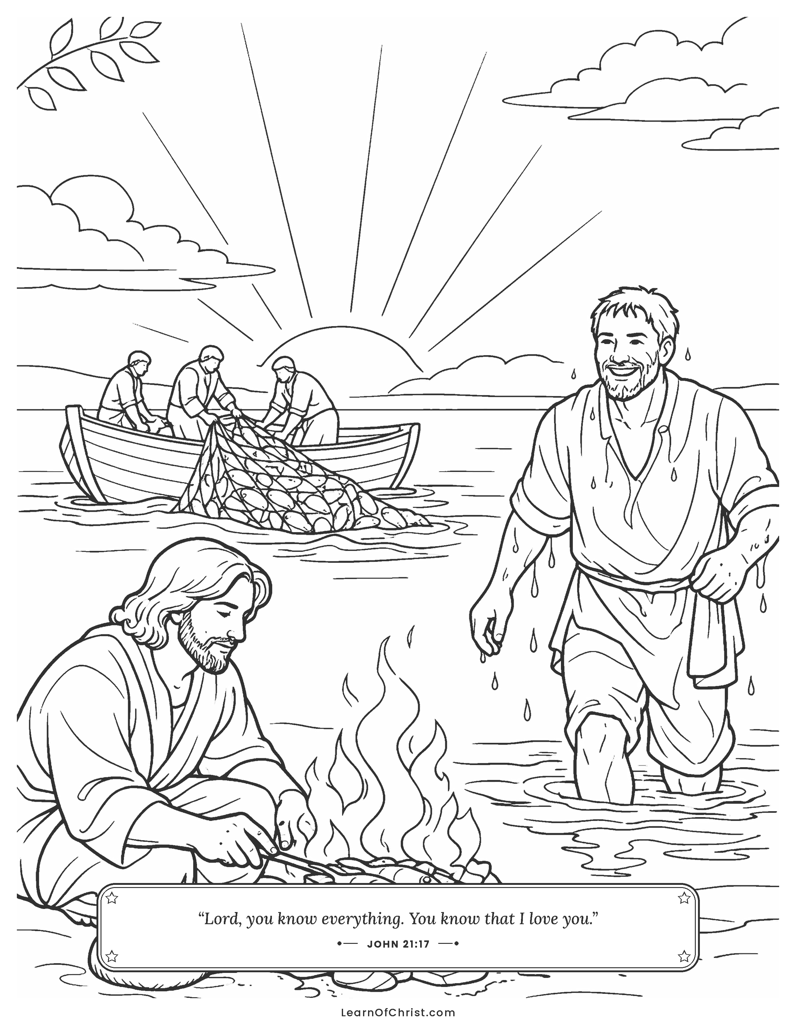 John 21 coloring page - Breakfast with Jesus on the beach