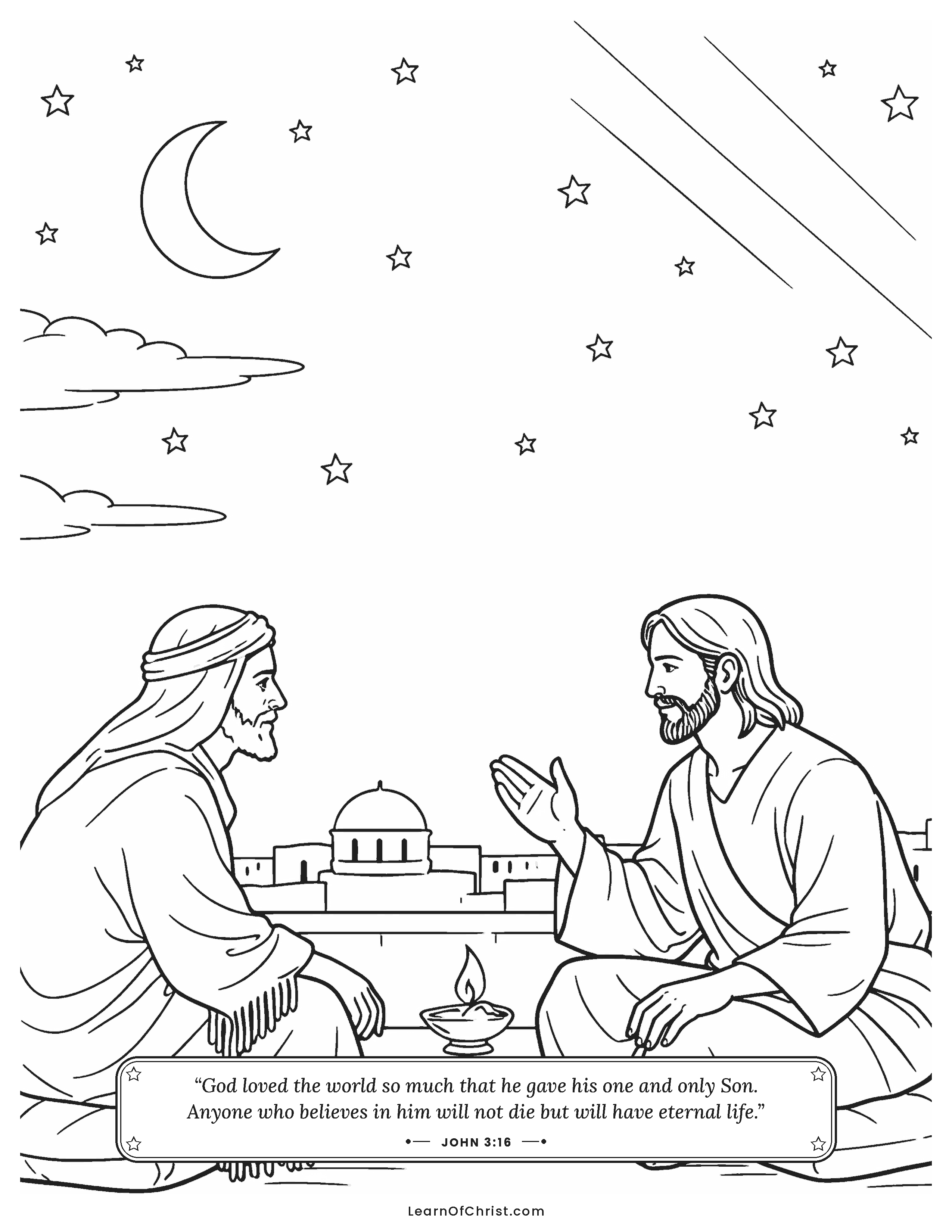 John 3 coloring page - Nicodemus visits Jesus at night