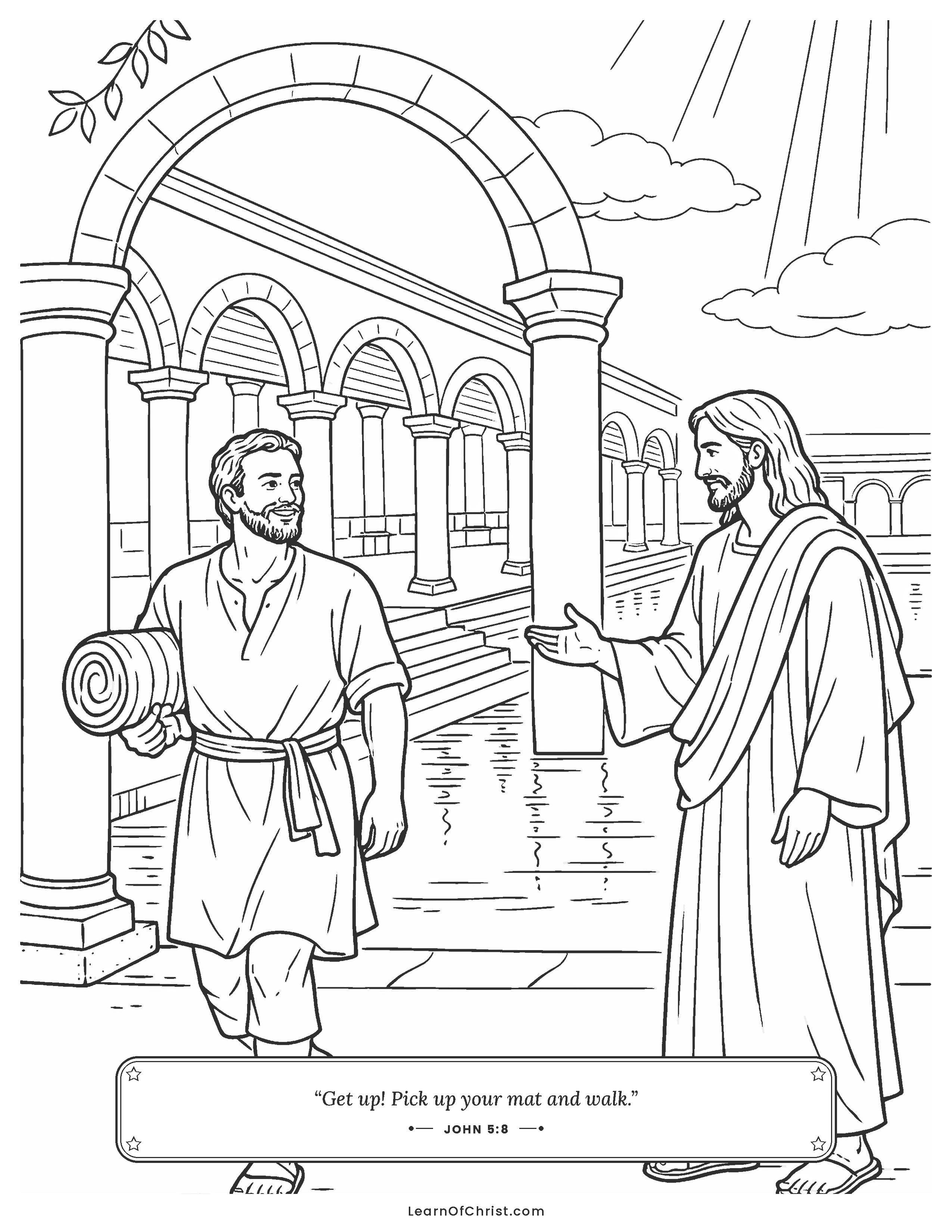 John 5 coloring page - A man picks up his mat and walks