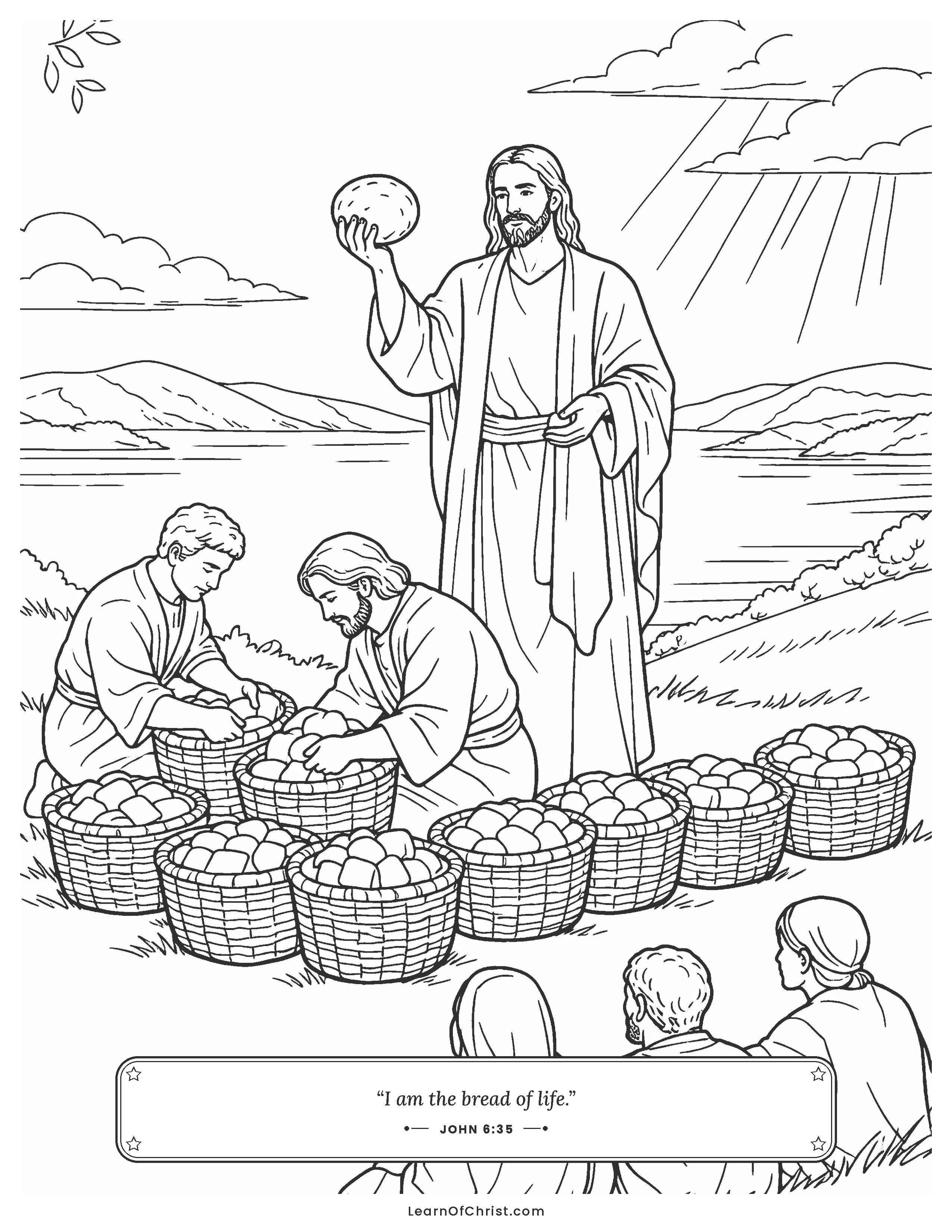 John 6 coloring page - Baskets of bread left over on the hillside