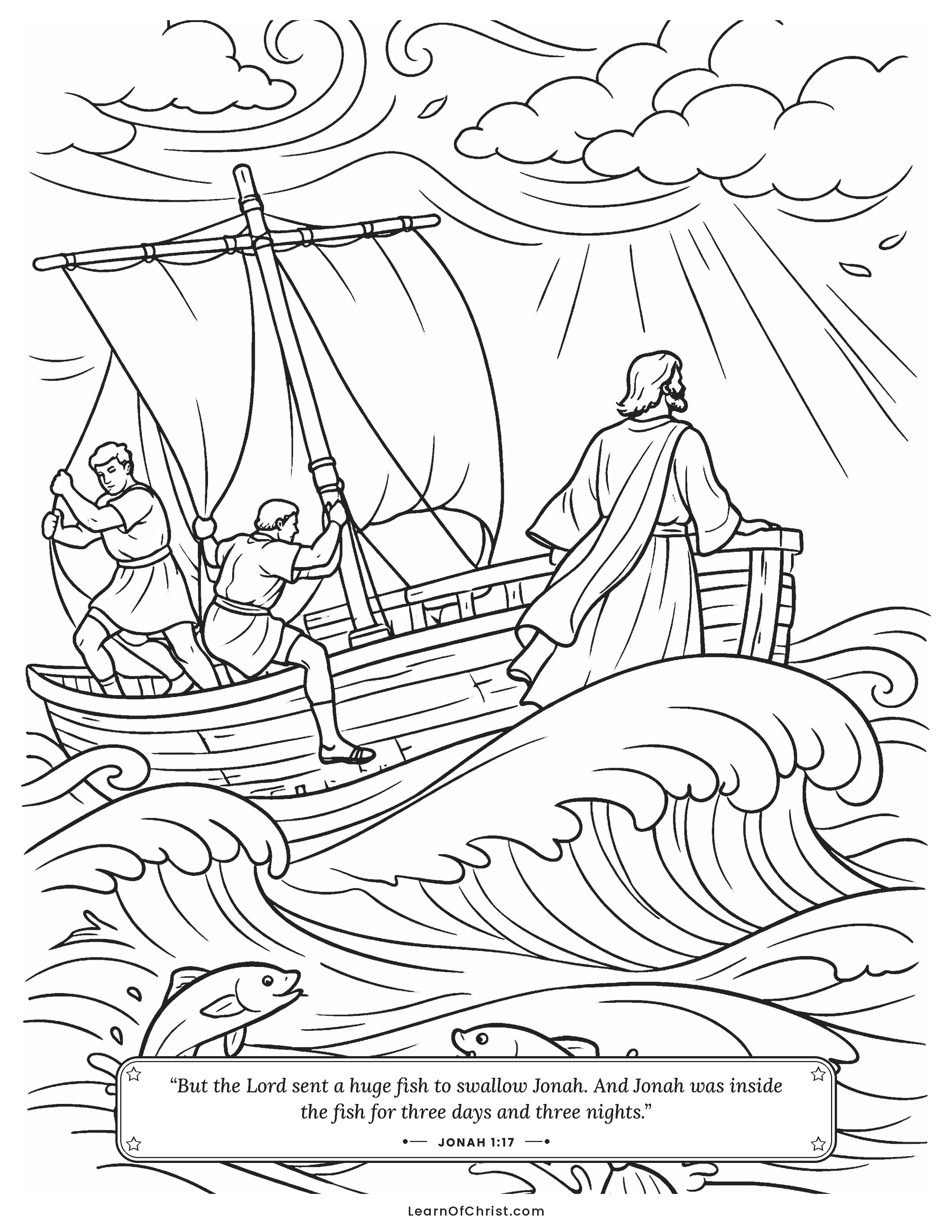 Jonah 1 coloring page - Jonah's ship tossed on big waves