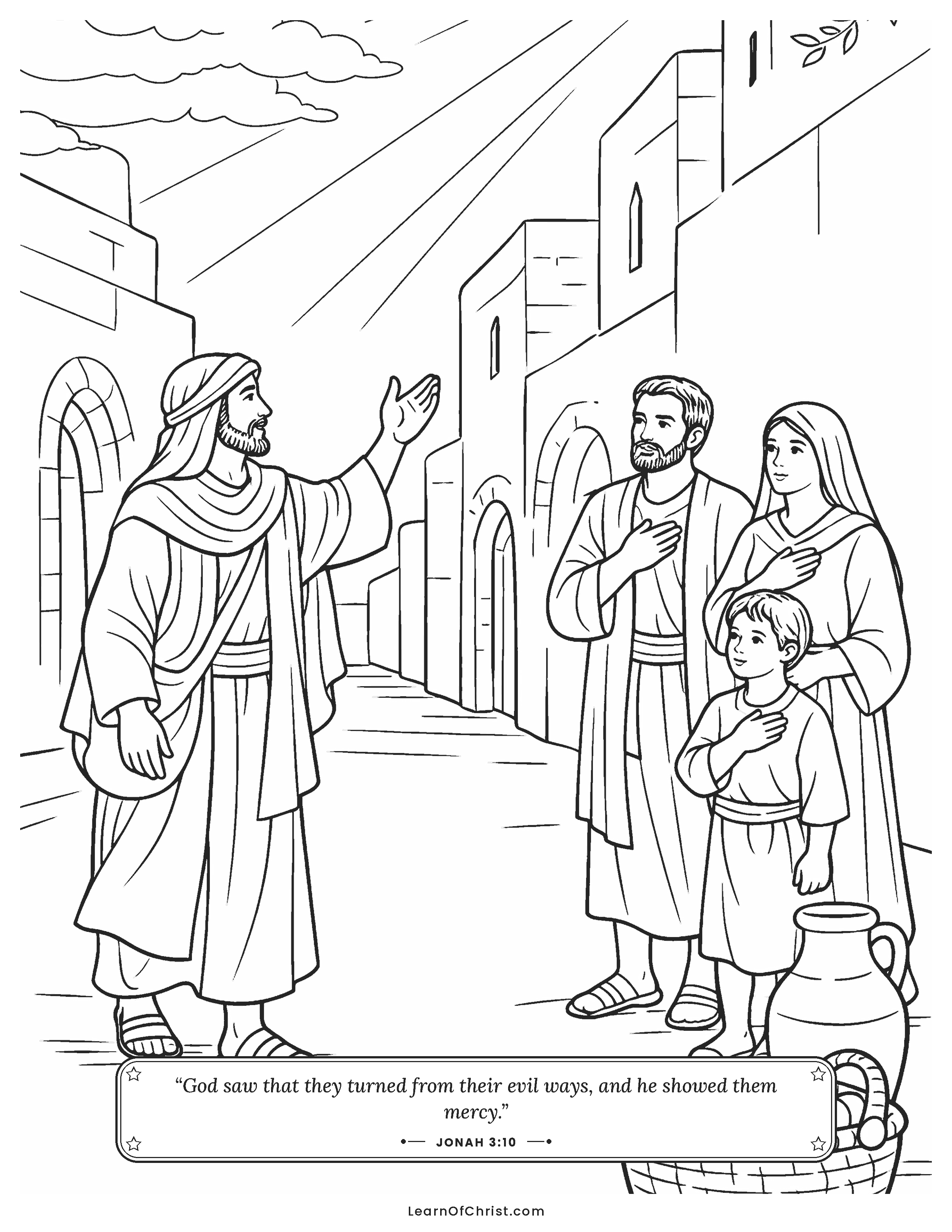 Jonah 3 coloring page - Jonah preaches in the great city