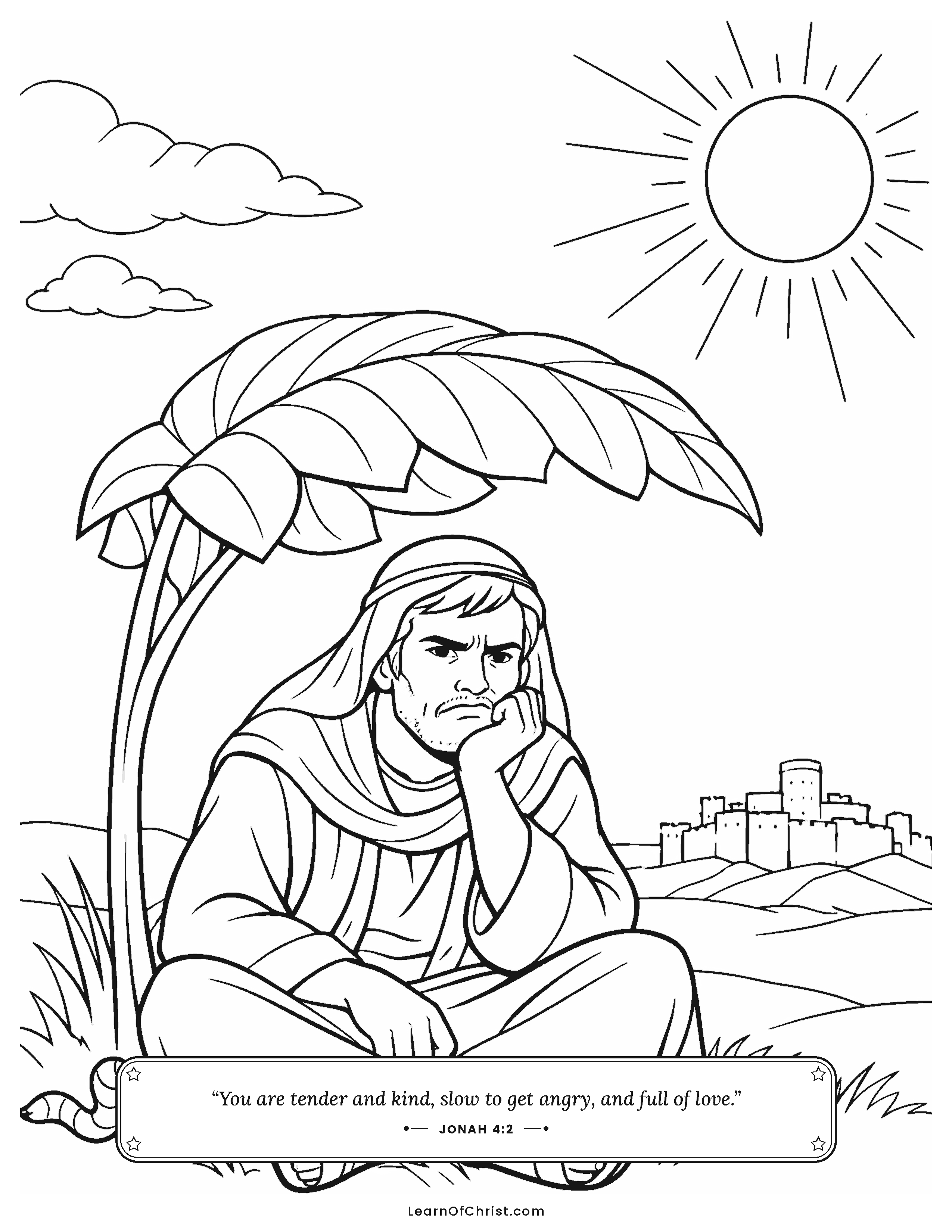 Jonah 4 coloring page - Jonah sulks under a leafy plant