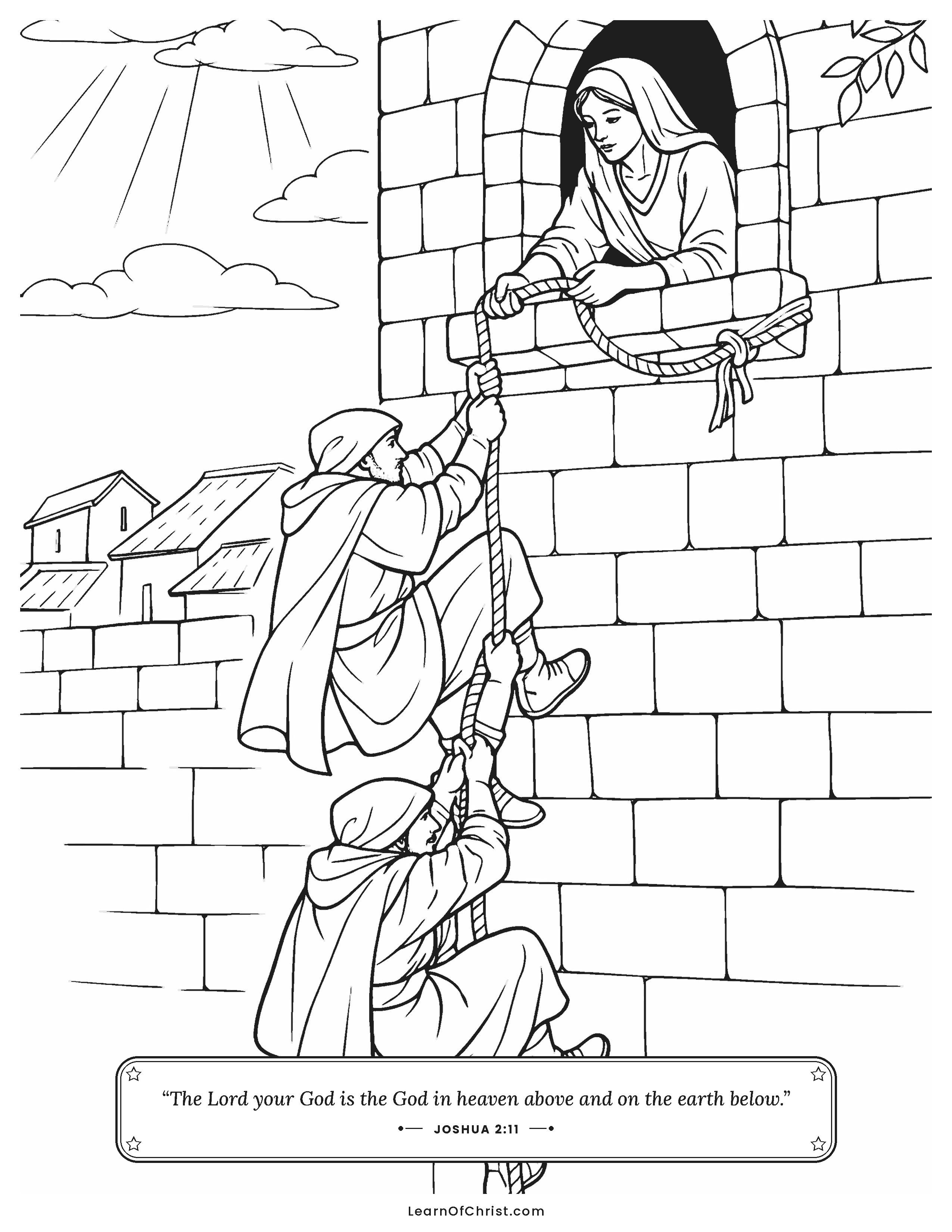 Joshua 2 coloring page - Rahab lowers the spies from her window