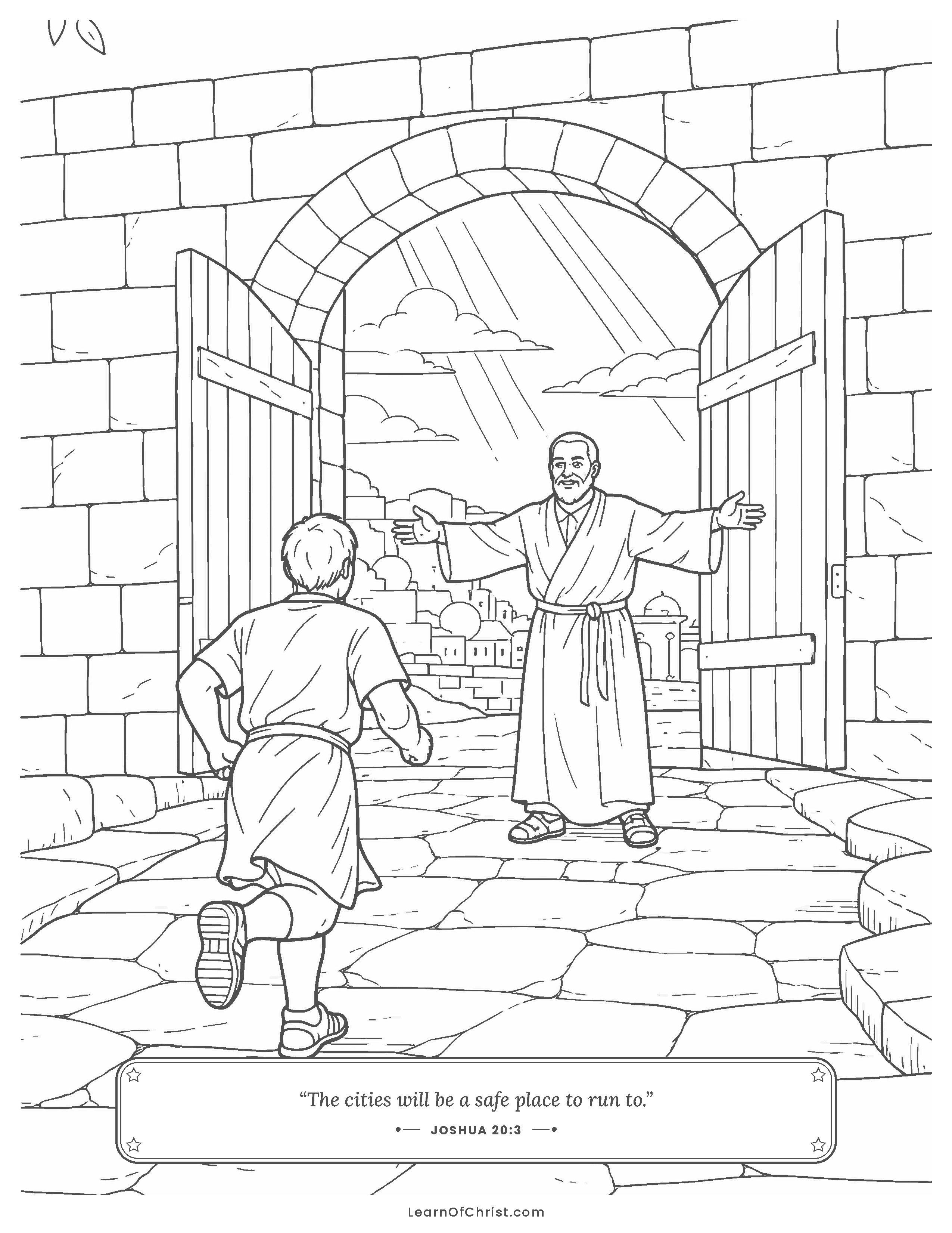 Joshua 20 coloring page - A safe city with open gates