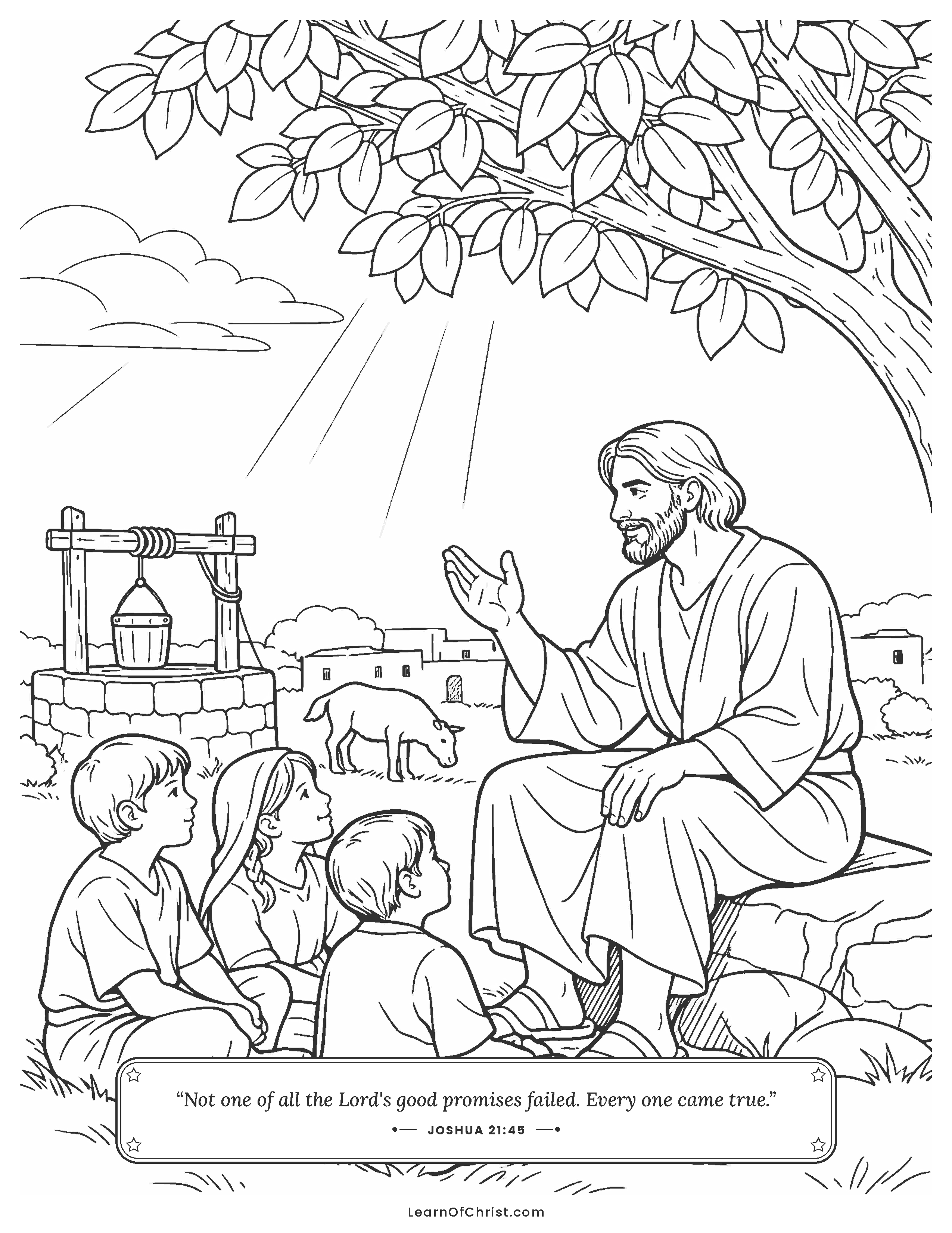 Joshua 21 coloring page - A Levite teaches children under a fig tree