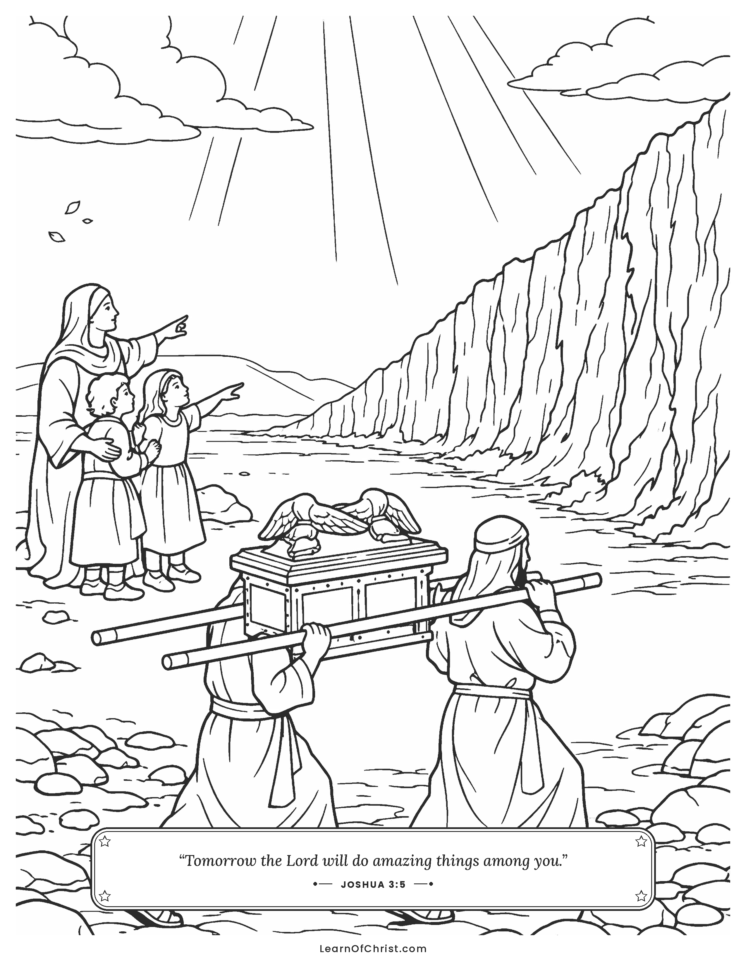 Joshua 3 coloring page - Priests step into the river with the ark