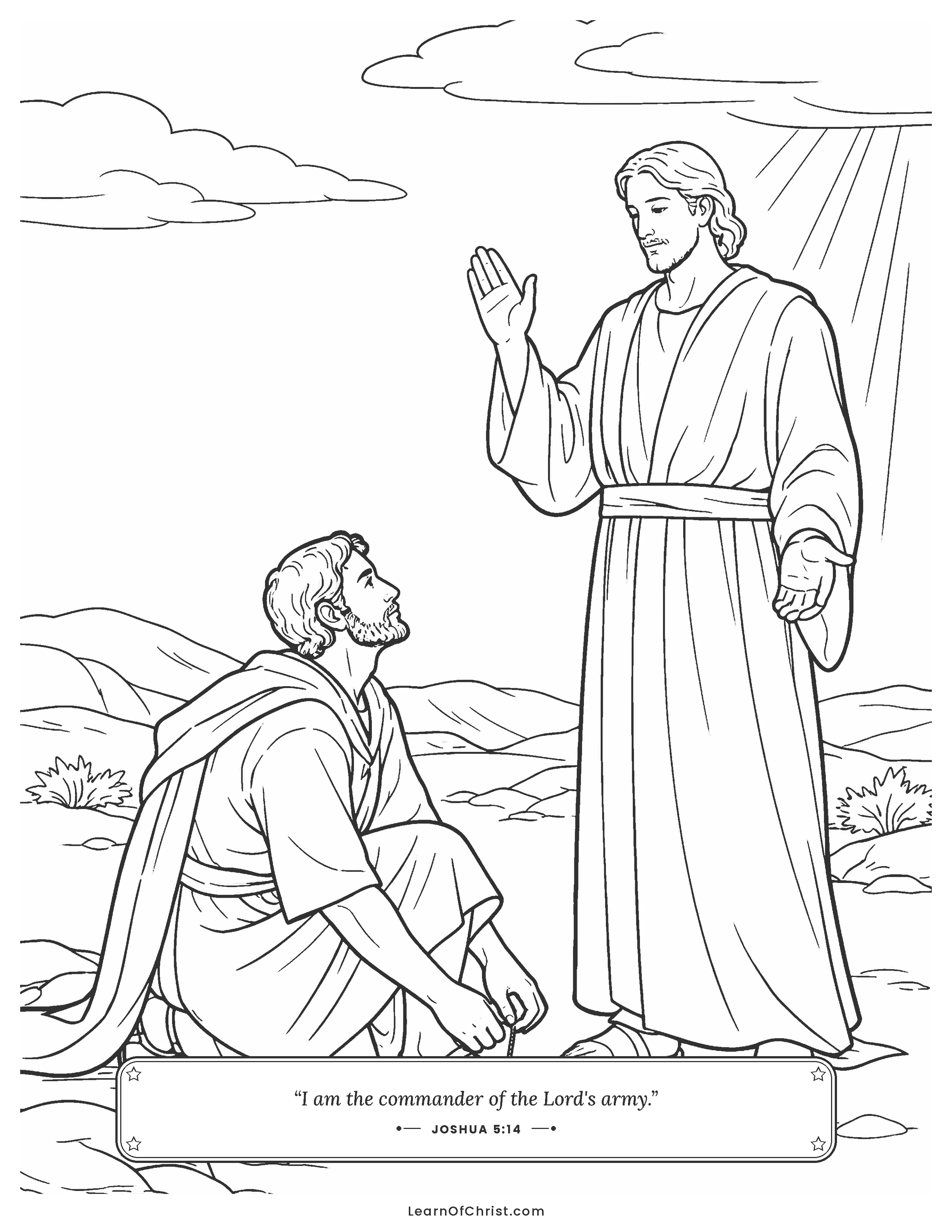 Joshua 5 coloring page - Joshua takes off his sandal on holy ground