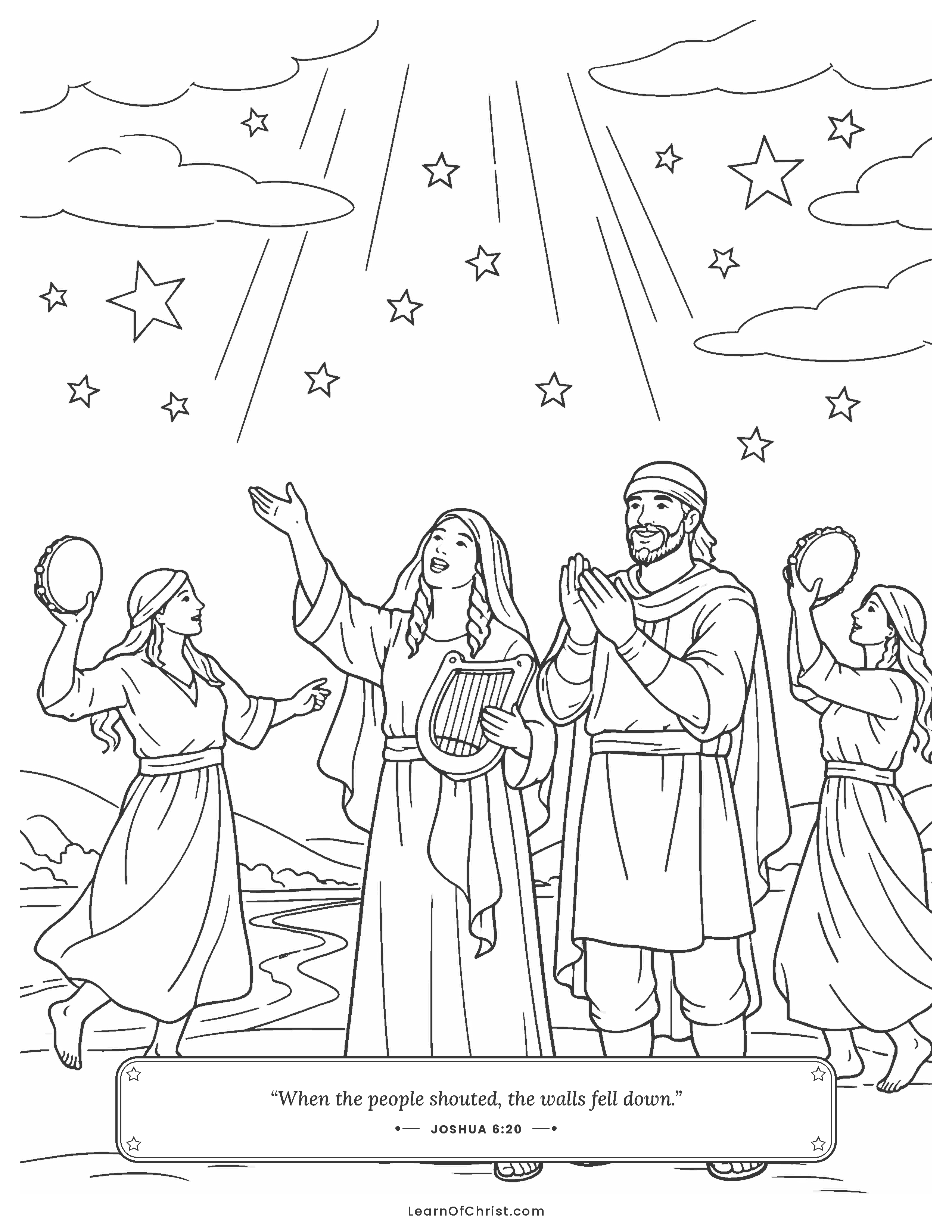 Joshua 6 coloring page - Marching around Jericho with trumpets