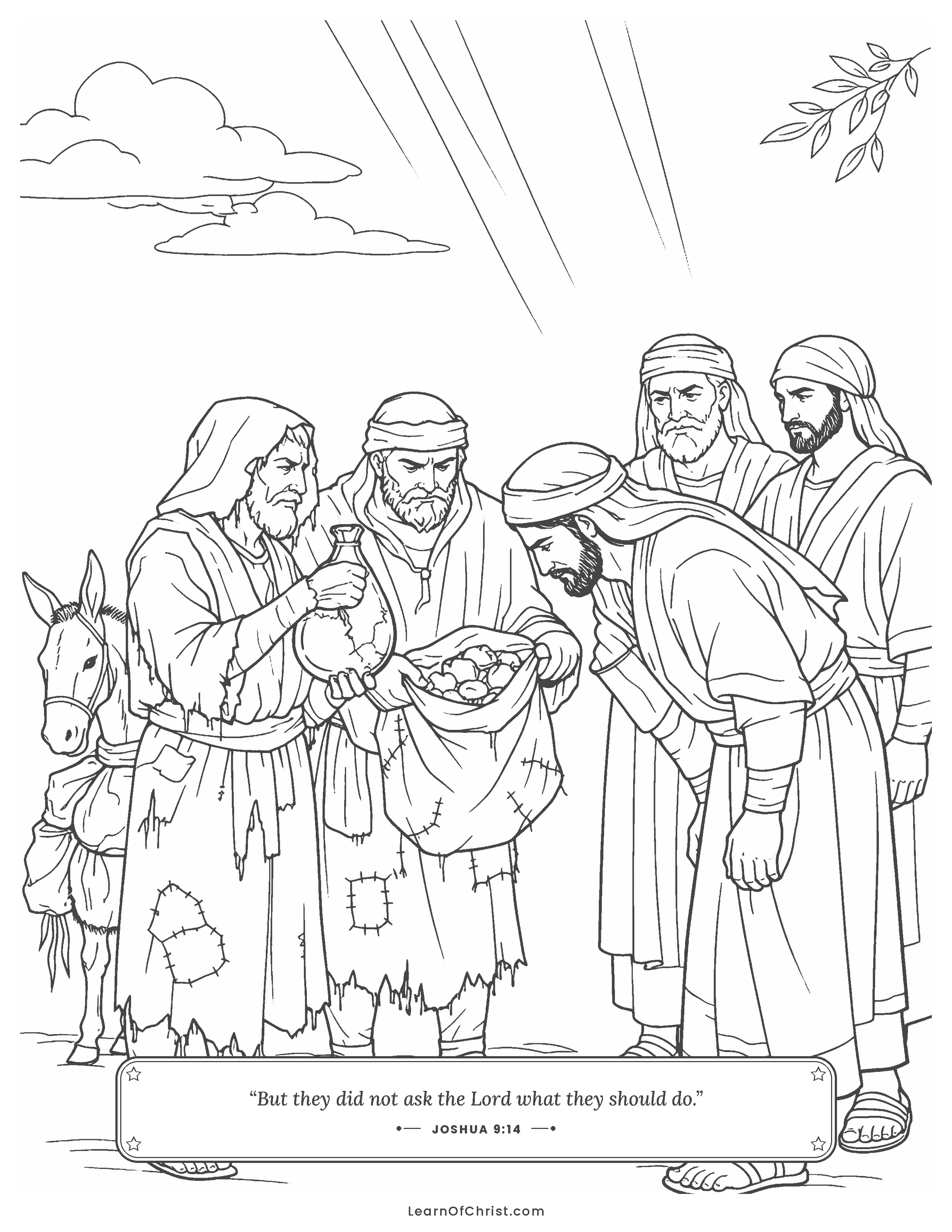Joshua 9 coloring page - Travelers with moldy bread and old sandals